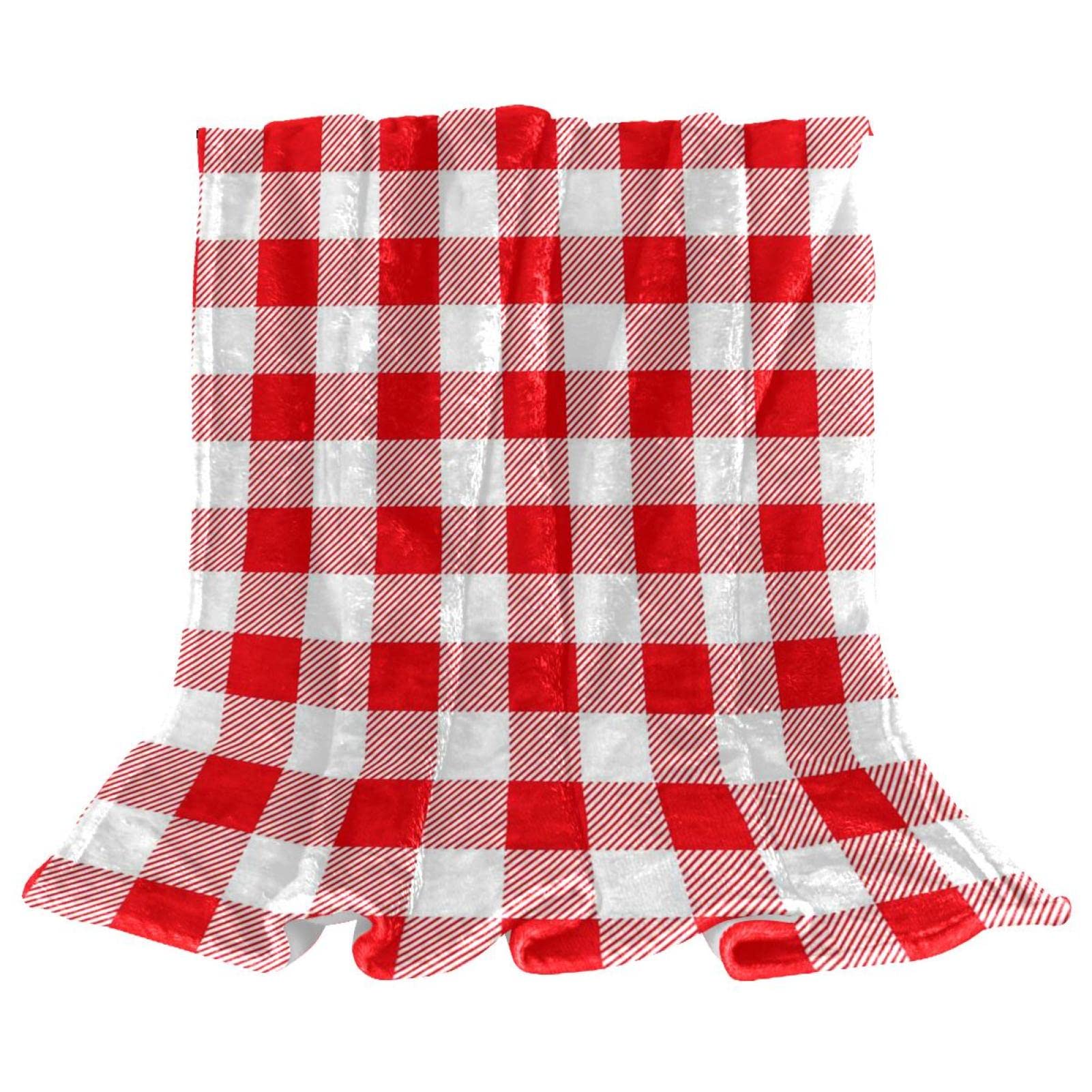 Fleece Throw Blanket Red and White Plaid for Couch Lightweight Plush Fuzzy