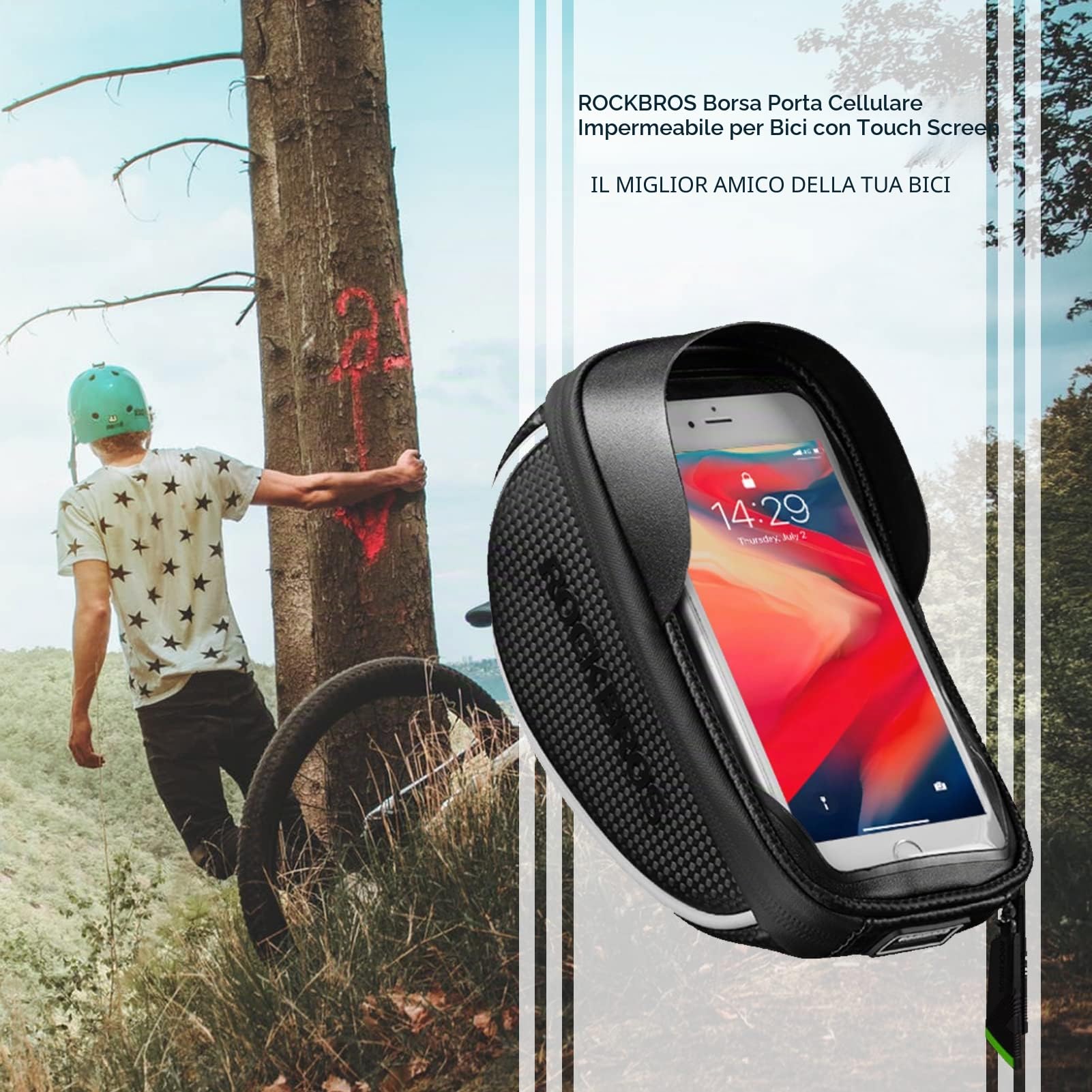 ROCKBROS Borsa da Manubrio Bici Impermeabile, Porta Cellulare per Bicicletta MTB, Borsa Porta Telefono, Smartphone sotto 6.5" Inches, TPU Touchscreen Sensibile, Grande Capacità1L, Accessori Bici