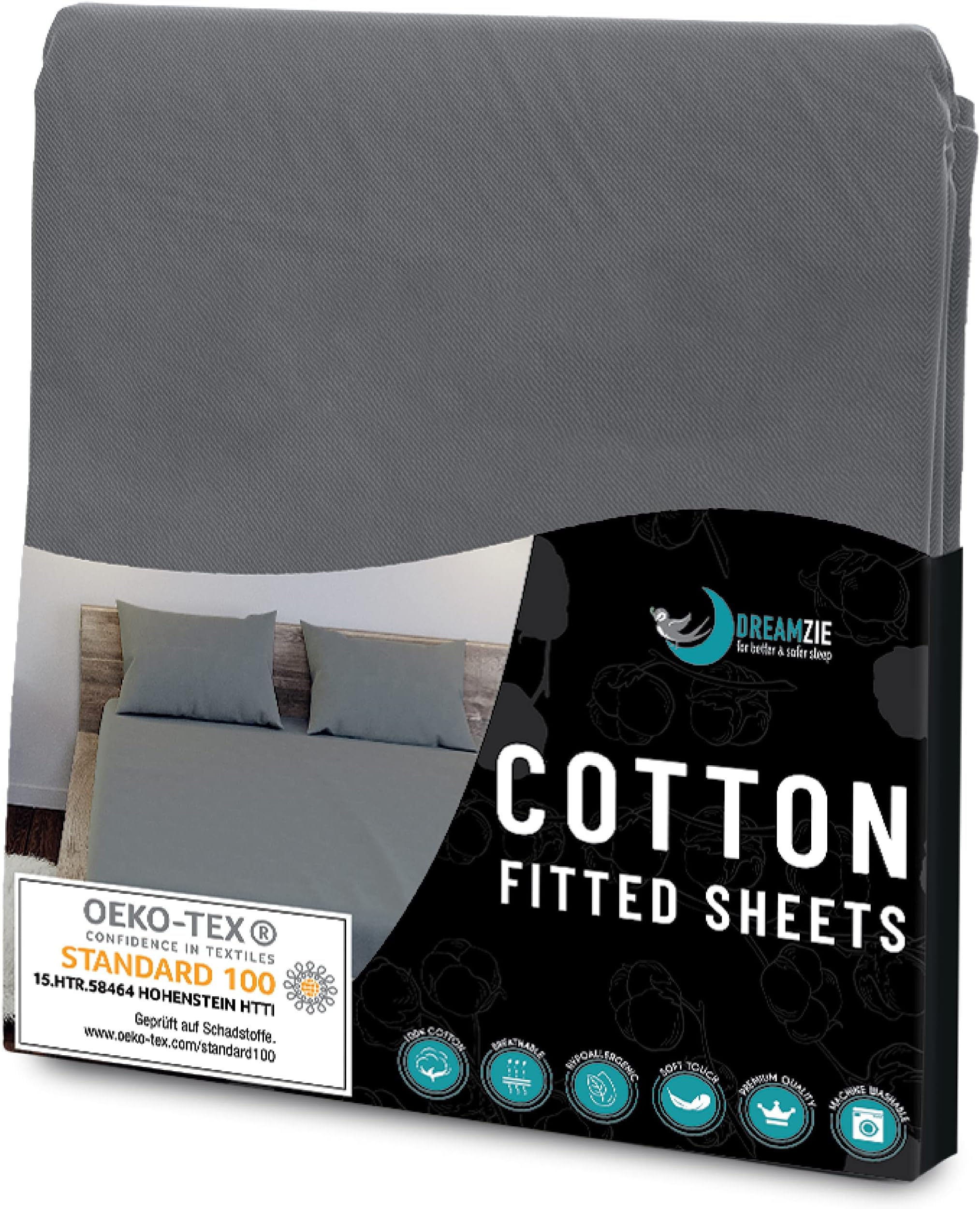 Dreamzie Fitted Sheet 100% Polyester Soft Peach Skin & Large Elastic Corners - For Mattress 80 x 190/200 cm – Anthracite Grey - Certified OEKO-TEX Free of Chemical Products - 2-Year Warranty