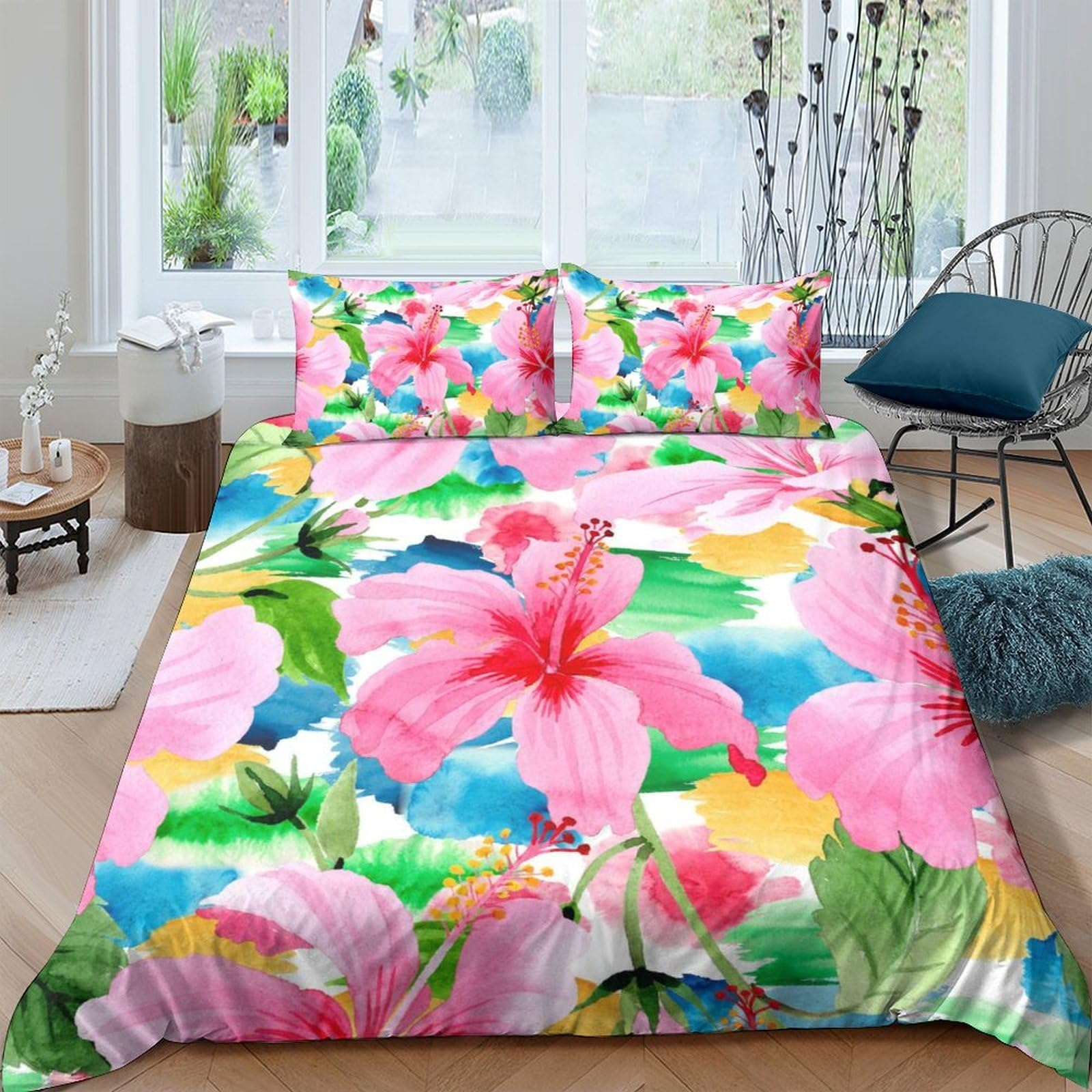 Ctjqhvkz Style-2 3D Printed Tropical Hibiscus Flower Fitted Sheet Microfiber Soft Vibrant Leaves Mattress Cover For Bedroom Guest Room Decor Single（135X200cm）