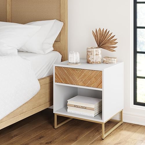 Nathan James - Mesita de noche Kensi con diseño de madera abierta y cajón inferior, para dormitorio o sala de estar, uso como mesa auxiliar con