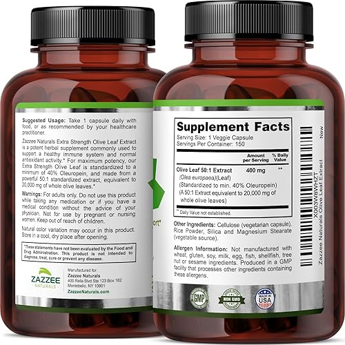 Miniatura 8 de Zazzee Extracto de hoja de olivo extra fuerte 501, 20,000 mg de fuerza, 40% de oleuropeína, 150 cápsulas veganas, suministro de 5 meses, extracto