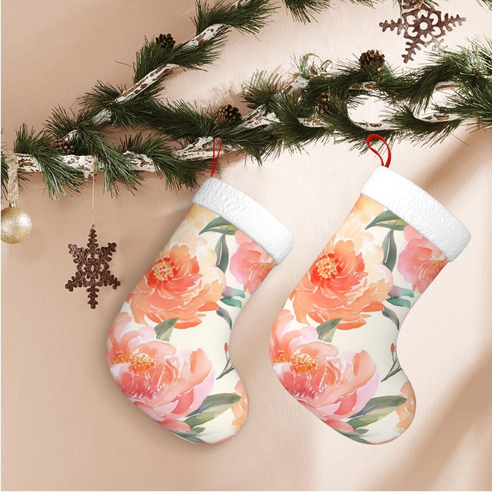 Peach Peony Christmas Stockings Velvet Xmas Fireplace Hanging Stocking with Plush Cuff Rustic Christmas Santa Stockings for Home Christmas Decorations Party Favor Supplies