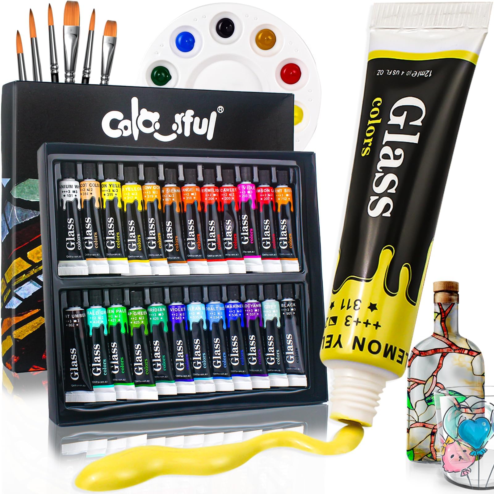 Stain Glass Paint Set with 6 Brushes, 1 Palette, 24 Color Waterproof Acrylic Enamel Painting Kit for Kids to Arts on Transparent Wine Glasses, Light Bulbs, Windows and Ceramics