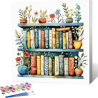 Okarina Framed Paint by Numbers Kit for Adults Beginner Bookshelf, Adult Paint by Number Kits on Canvas Framed, DIY Acrylic Oil Painting by Numbers with Frame, Book for Home Decor Gift 10 X 10 Inch