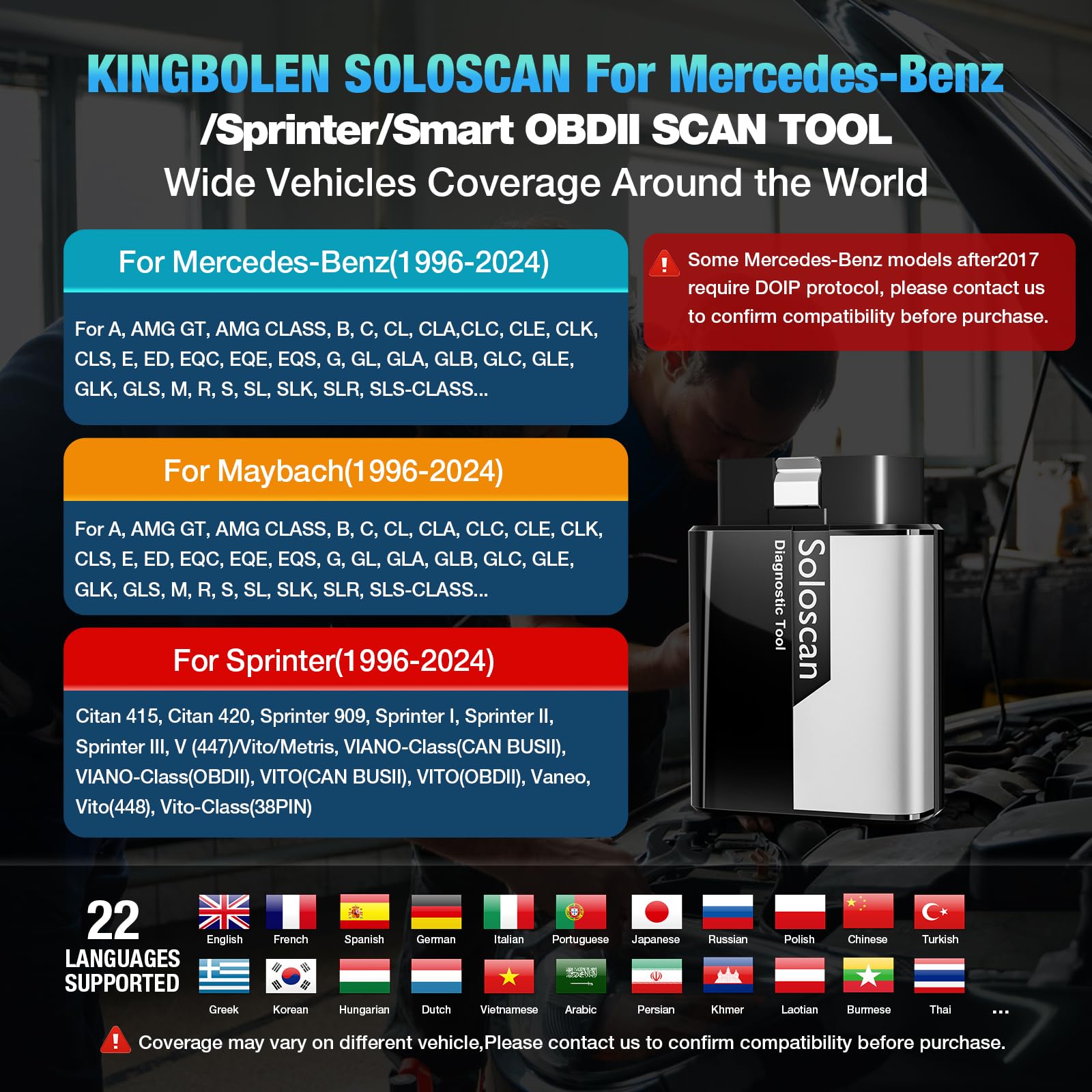 KINGBOLEN Soloscan OBD2 Diagnosegerät für Benz/für Maybach/für Sprinter,Alles System Diagnosegerät Auto Mit 50+ Resets,Aktiver Test,ECU-Codierung,Bluetooth 5.2,Lebenslange kostenlose Updates.
