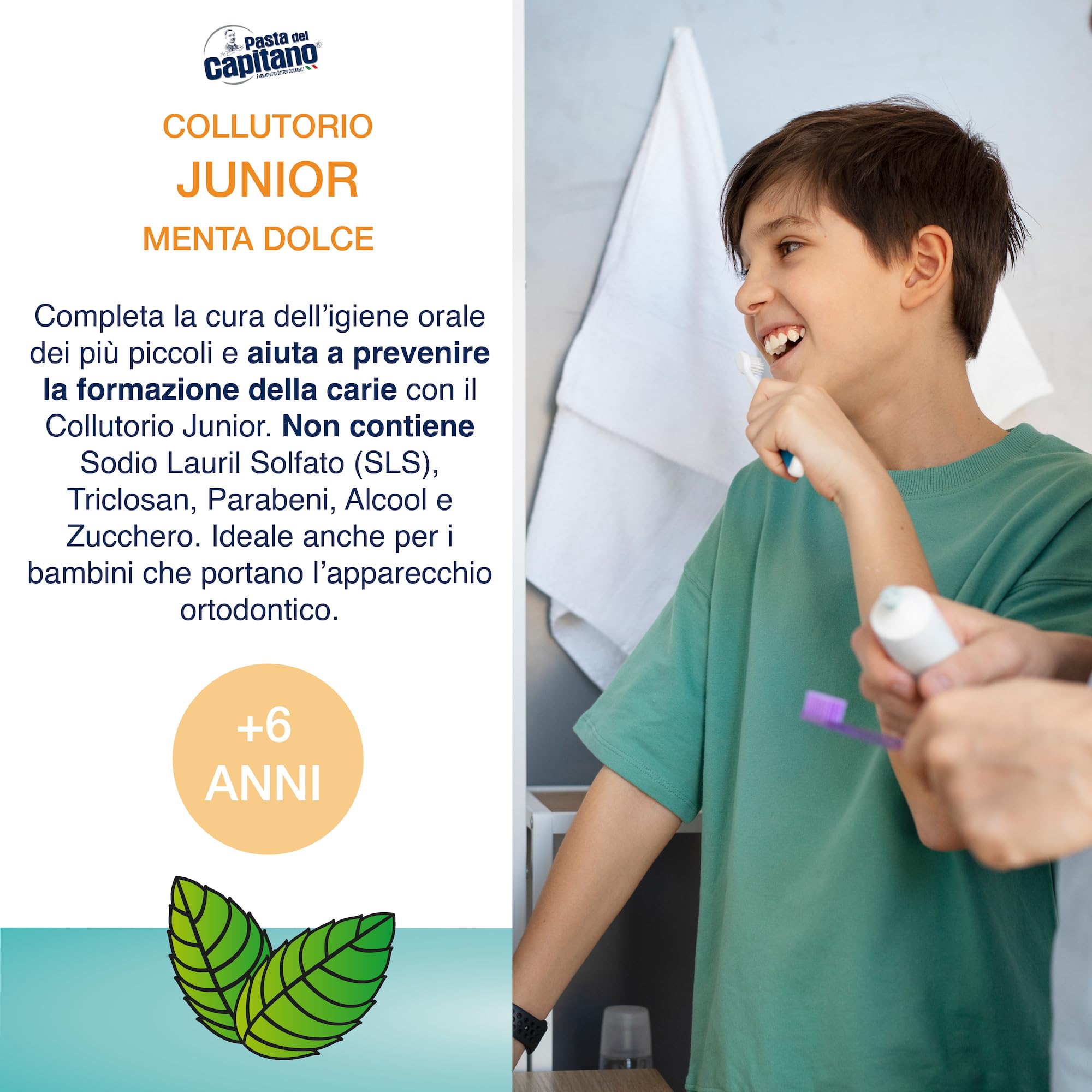 Pasta del Capitano, Collutorio Junior al Gusto Menta Dolce, Senza Alcool, Previene la Formazione di Carie, Ideale per Bambini a Partire dai 6 Anni di Età, 100% Made in Italy, Flacone da 400 ml