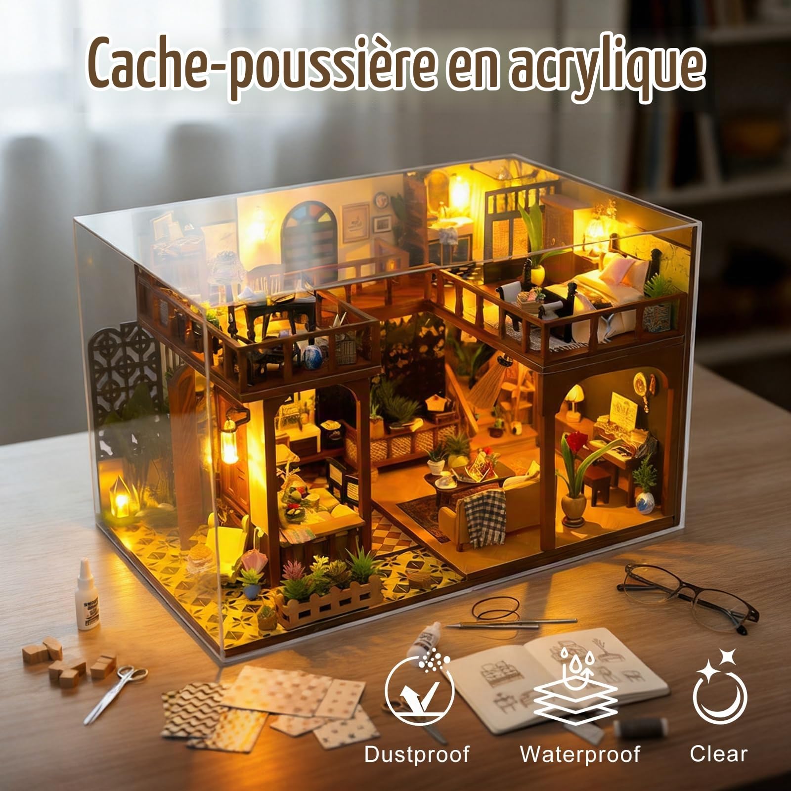 Cuteefun Maison de Poupée DIY, avec Housse Anti-Poussière -Lueur Vintage