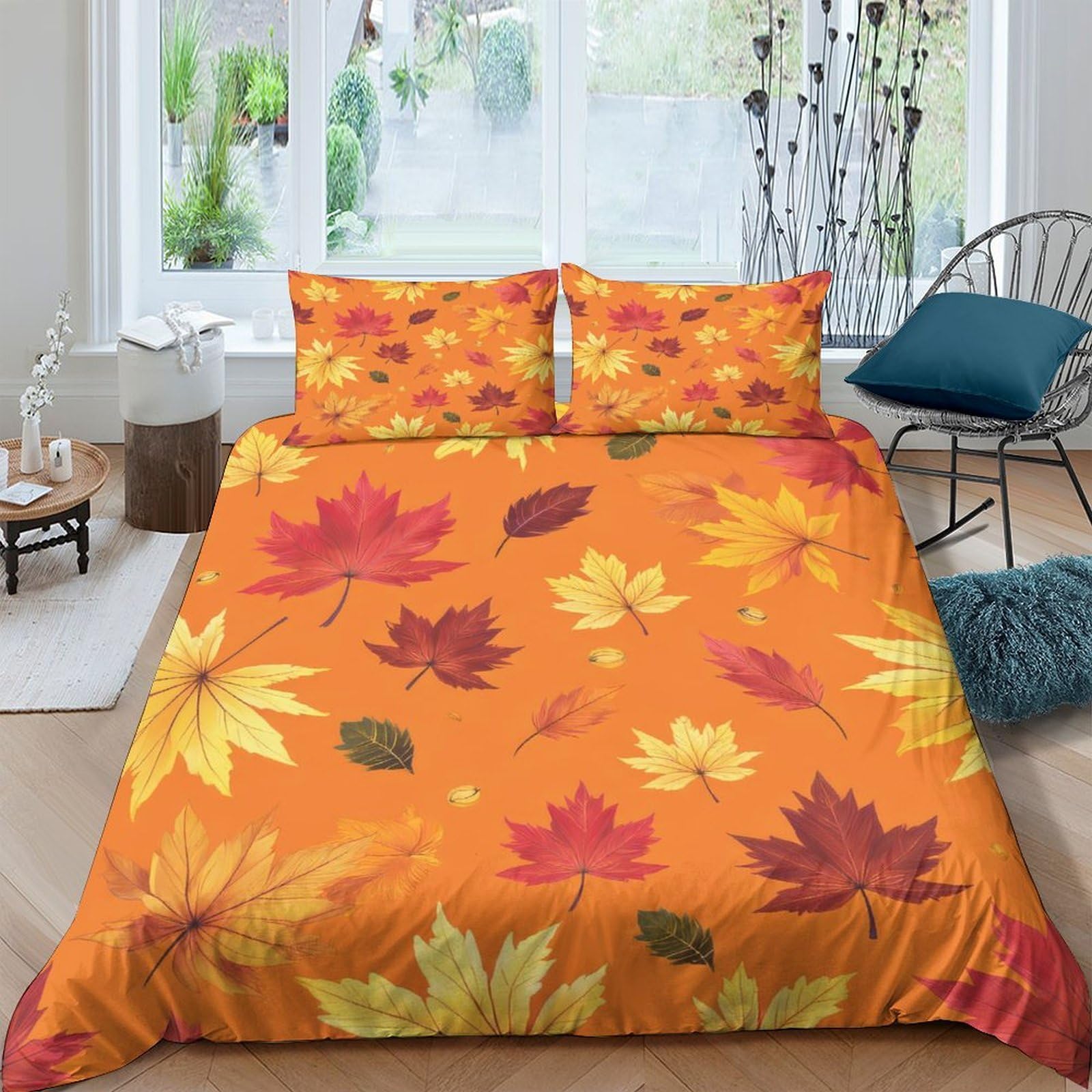 Ctjqhvkz Style-8 3D Printed Autumn Leaves Fitted Sheet Microfiber Soft Orange Yellow Maple Bed Cover For Bedroom Dorm Mattress Decor Single（135X200cm）