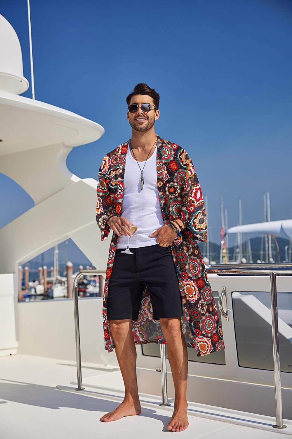 COOFANDY Men's Lightweight Kimono Robe Jacket Printed Japanese Style Bathrobes Casual Open Front Long Cardigan Coat Outwear - Image 3