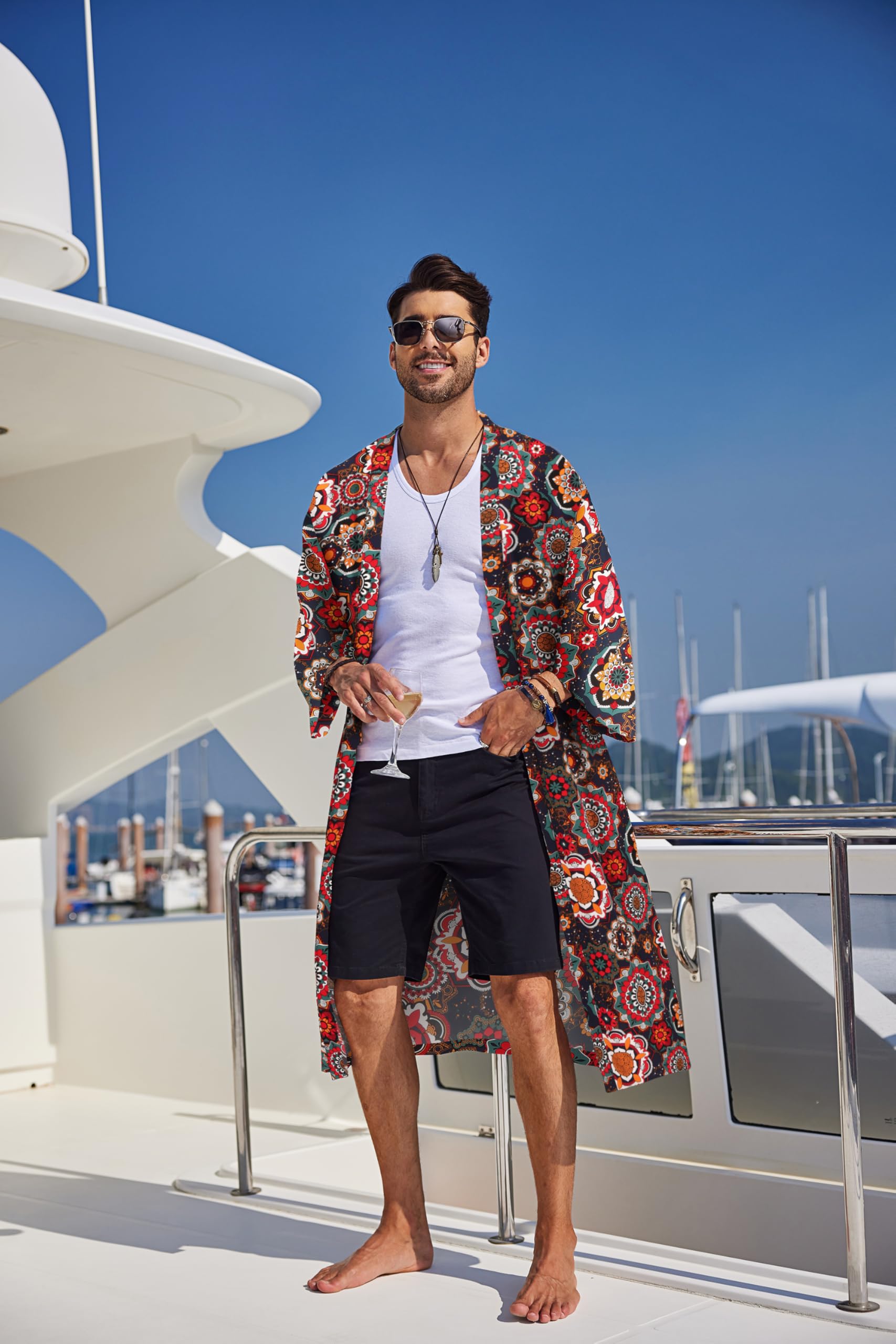 COOFANDY Kimono léger pour homme - Imprimé - Style japonais - Style décontracté - Long cardigan ouvert sur le devant - Vêtement d'extérieur