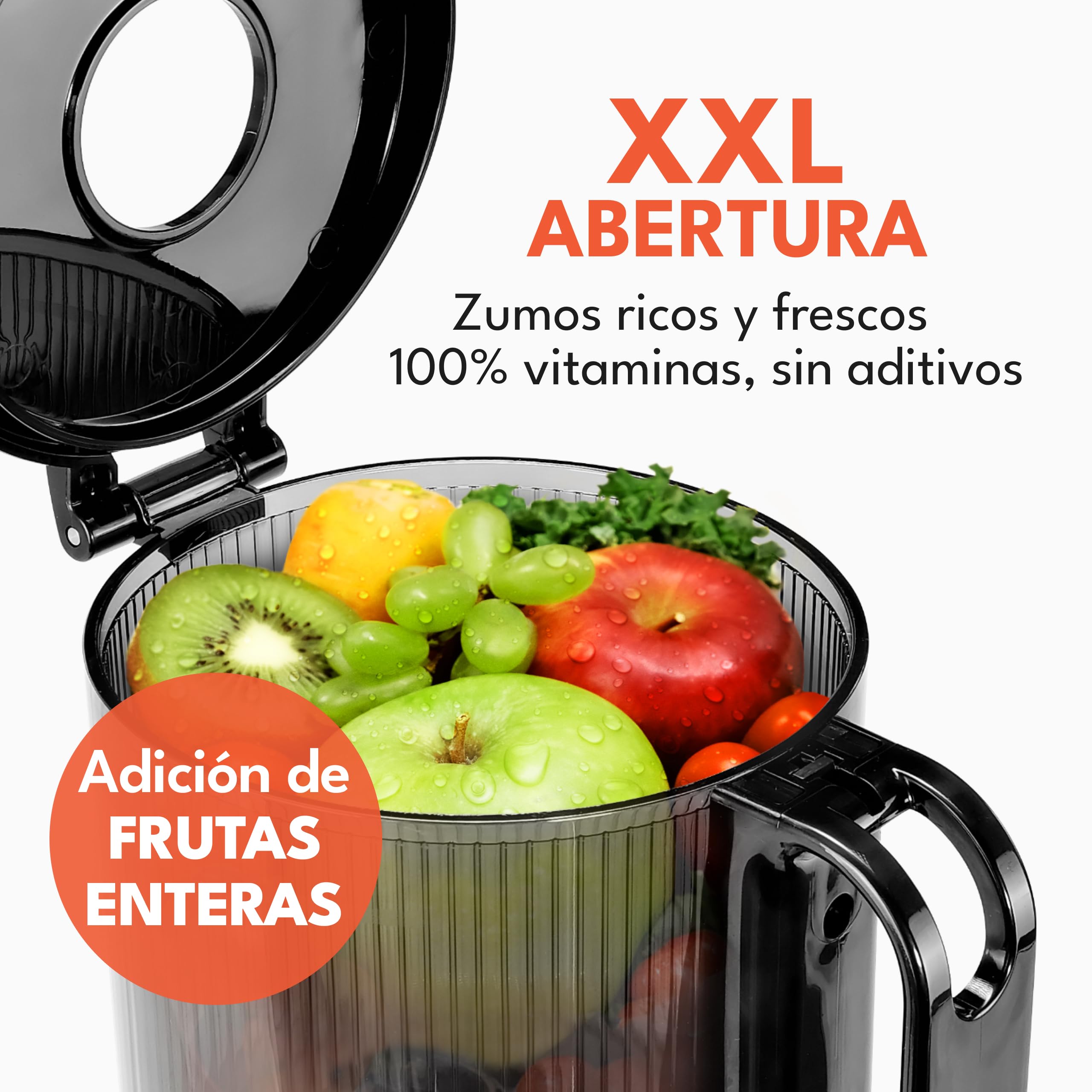 LEBENLANG Extractor de zumos y verduras - Incl. libro de recetas & gran abertura 130 mm I Perfecto para frutas enteras 100% libre de BPA I Licuadoras para batidos Slow Juicer machine prensado en frio