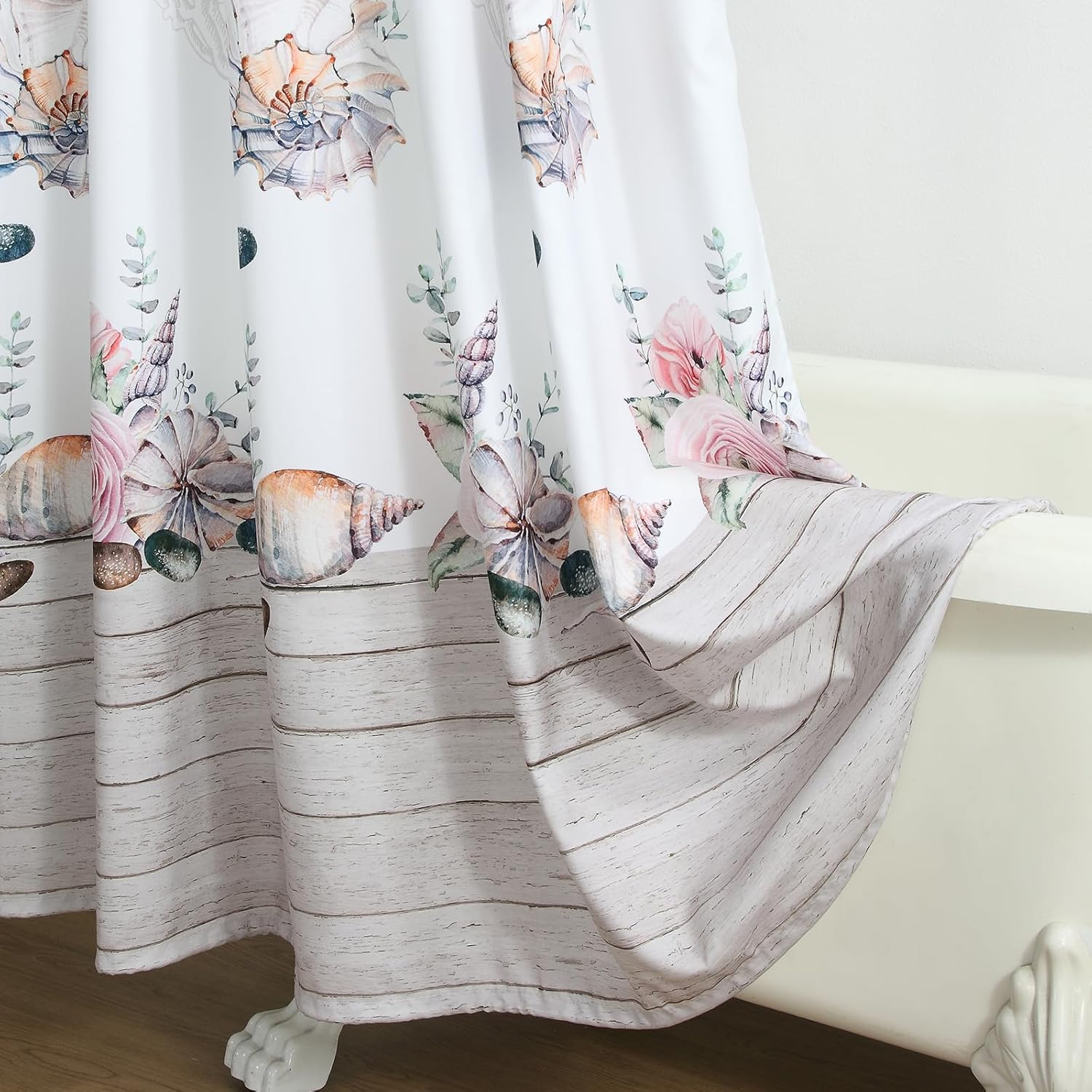 90 Inch Coastal Farmhouse Shower Curtain, Extra Long Waterproof with Wood Grain & Ocean Print, 12 Metal Grommets & Weighted Hem, Natural/White