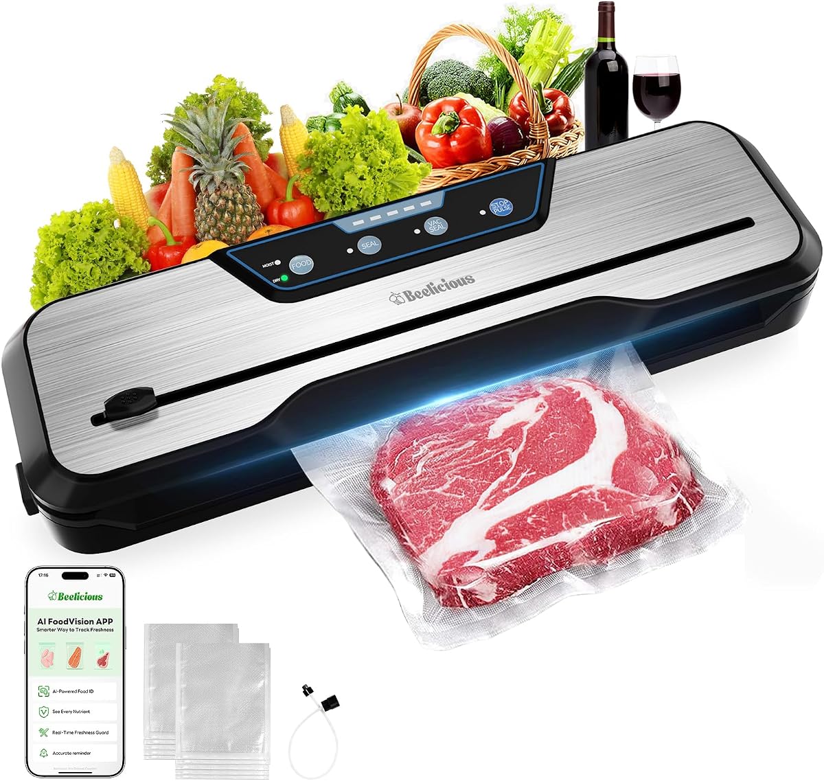 Automatic Food Vacuum Sealer Machine, Beelicious 8-In-1 Food Vacuum Saver with Starter Kits, Pulse Function, Moist & Dry Mode and External VAC for Jars and Containers, Stainless Steel