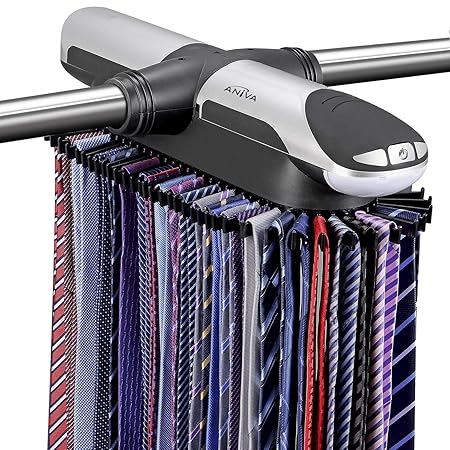 Aniva Motorized Tie Rack Best Closet Organizer with LED Lights, Includes J Hooks for Wired Shelving Stores Up to 72 Ties with 8 Belts, Rotation Operates with Batteries