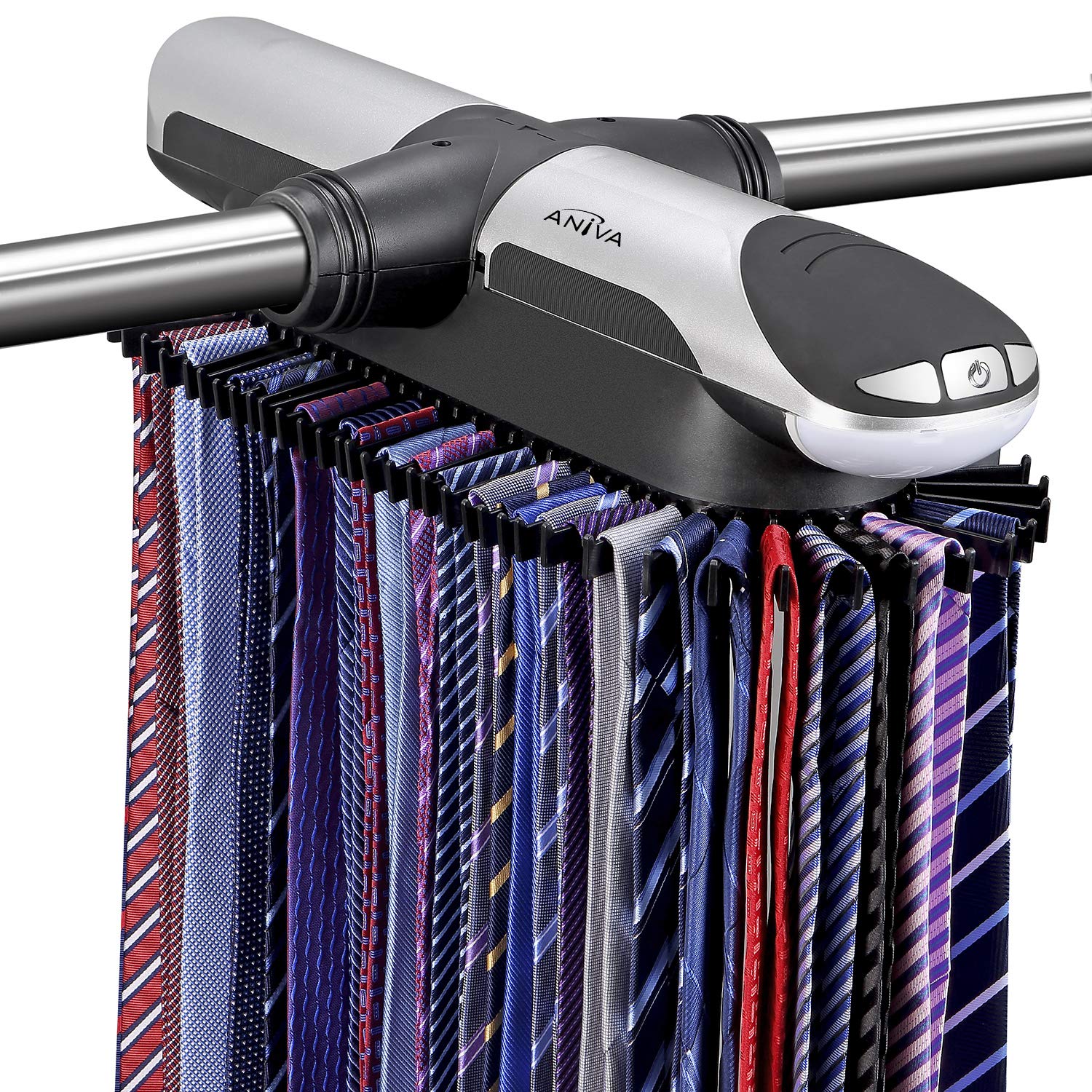 Aniva Motorized Tie Rack Closet Organizer with LED Lights Includes J Hooks for Wired Shelving Stores Up to 72 Ties & 8 Belts, Operates with Batteries