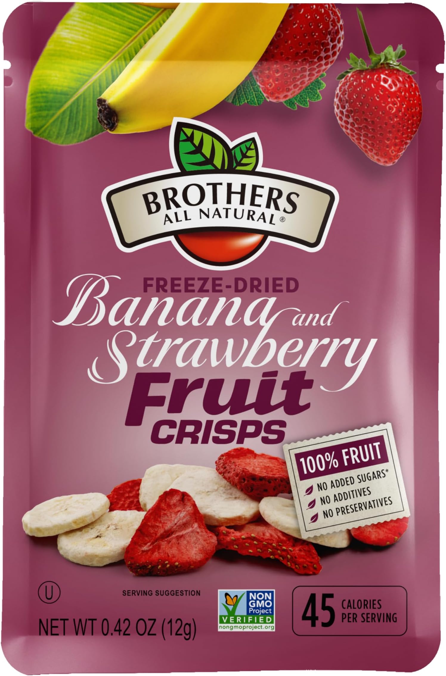 Brothers All Natural Freeze Dried Fruit Crisps, Banana Strawberry, 0.42 Oz (Pack of 24), Made with 100% Fruit, Gluten Free, Soy Free, Vegan, Healthy Snack, Lunch Box Ready