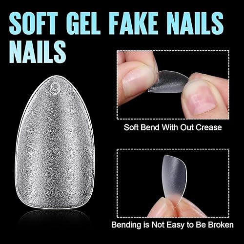 Miniatura 3 de TOMICCA 450 puntas de uñas de almendra de punta corta, uñas de gel suave, 15 tamaños de uñas postizas cortas de almendra prepulidas, cobertura