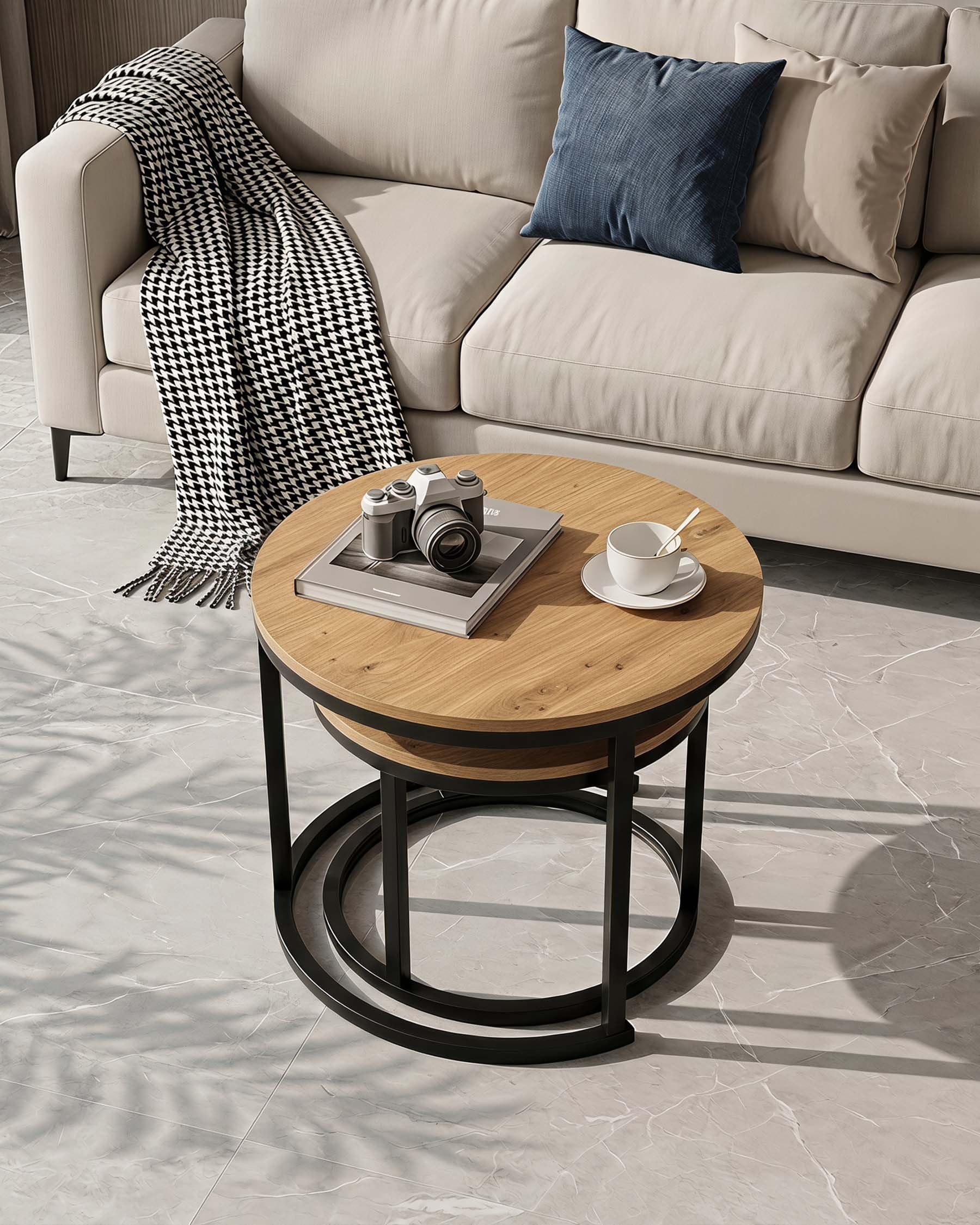 Set 2 Mesas Auxiliares Redondas Mesa de Centro Madera 50/40cm | Mesa de Centro Nido Redonda Efecto Madera, Mesa Auxiliar para Salón y Dormitorio, Robusta y Fácil de Montar