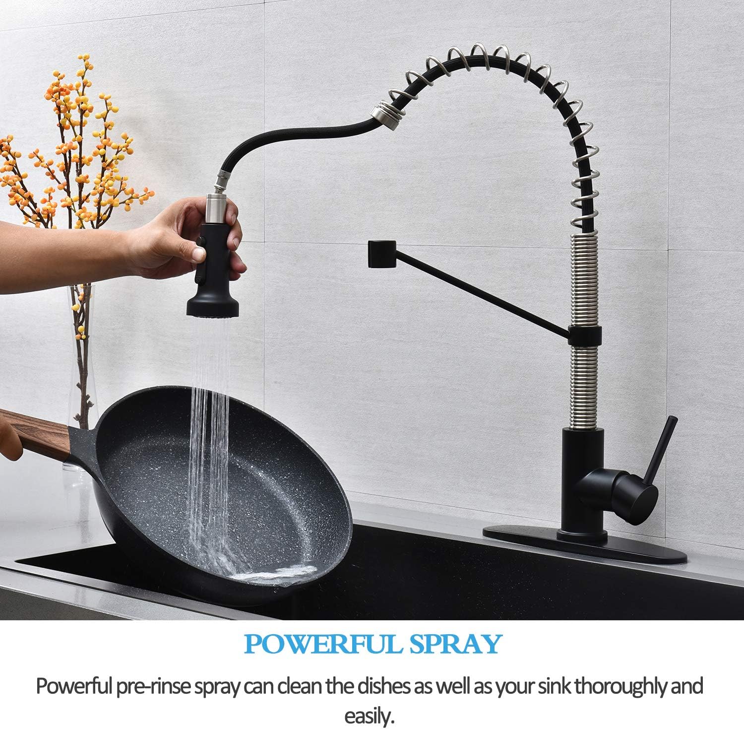 Best Review Ufaucet Modern Lead Free Pull Down Single Hole Spring Kitchen Faucet, Single Handle One Sprayer Single Level Stainless Steel Kitchen Sink Faucet with Deck Plate