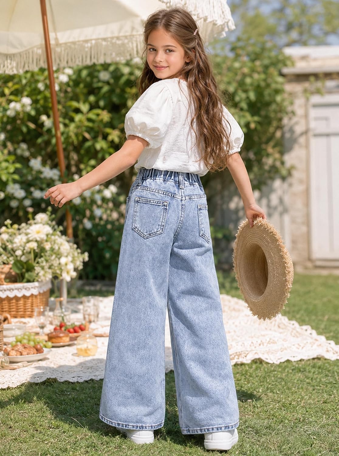 Girls Jeans Elastic High Waisted Wide Leg Baggy Denim Pants with Pockets