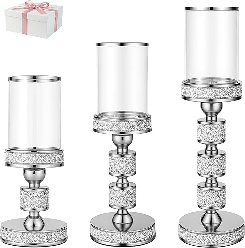 Miniatura 13 de Portavelas de pilar con vidrio a prueba de viento, soportes de metal para huracanes, soporte de vela de cristal dorado para centros de mesa