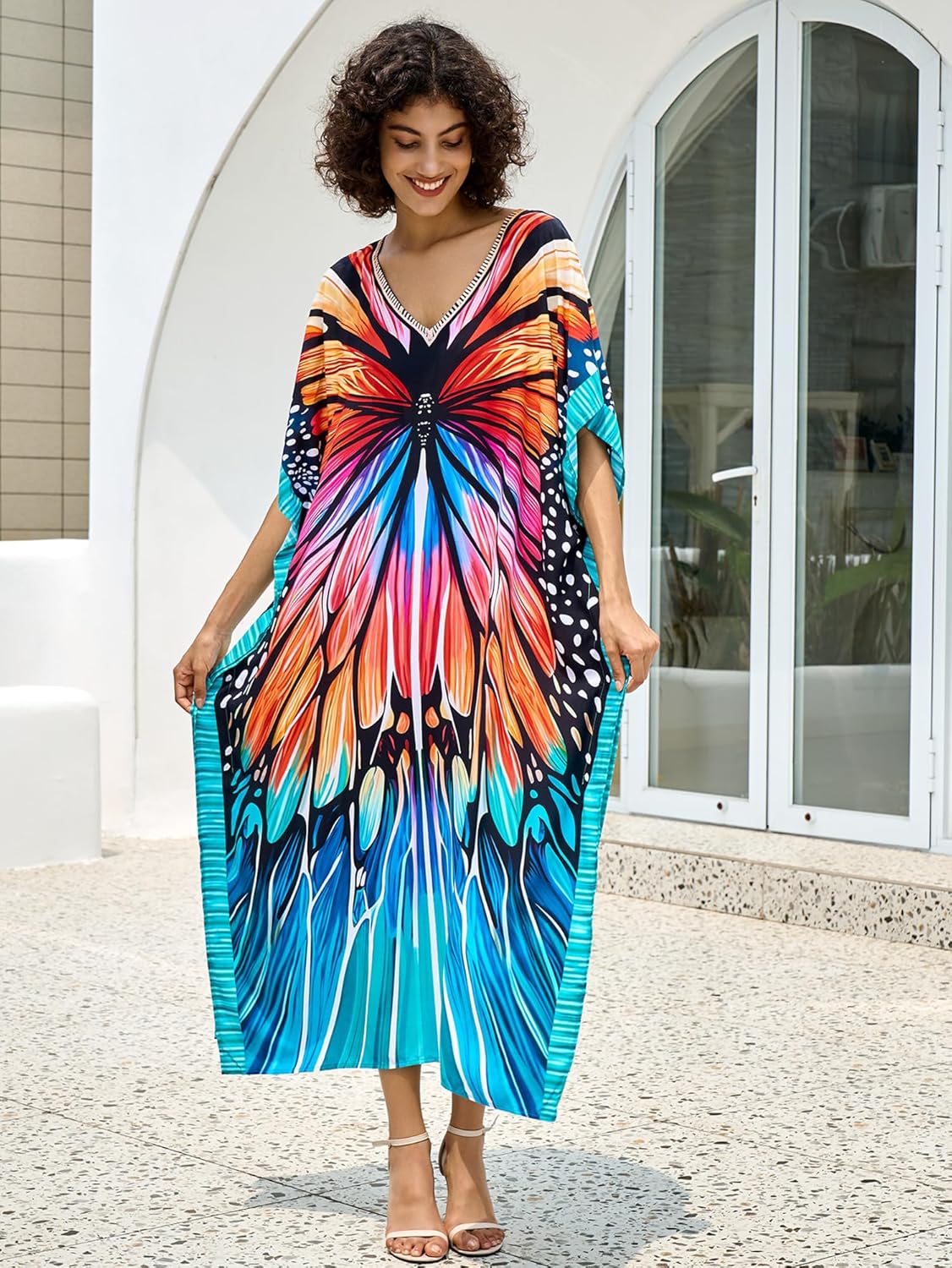 Chunoy Women Butterfly Pattern V Neck Kaftan Casual Bathing Suit Kimono Sleeve Side Split Beach Cover Up Caftan Dress - Image 6