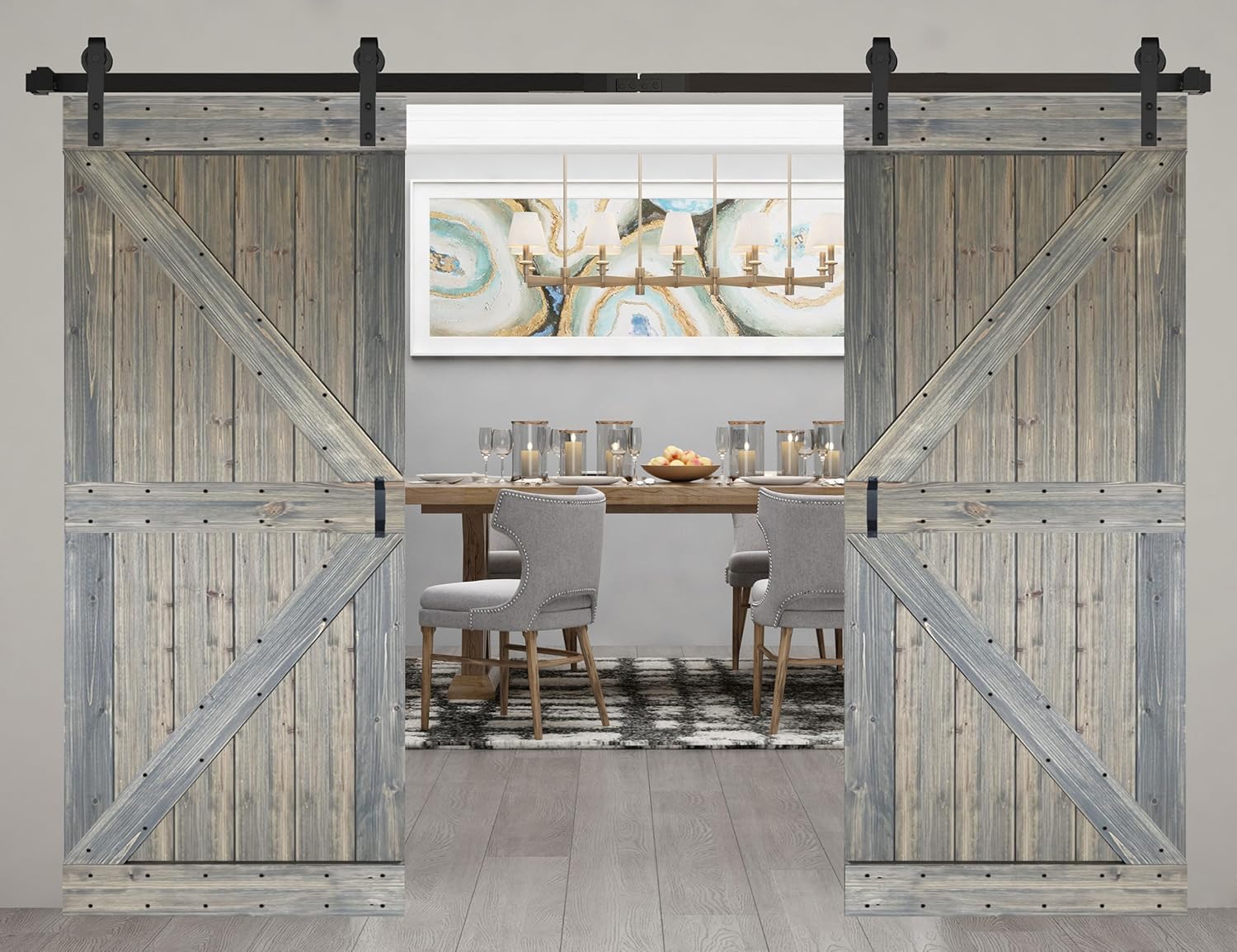 K Series 76 inches x 84 inches (38 in x 84 in x 2 Panels) Aged Barrel Finished DIY Solid Wood Double Sliding Barn Door with Hardware Kit - Assembly Needed