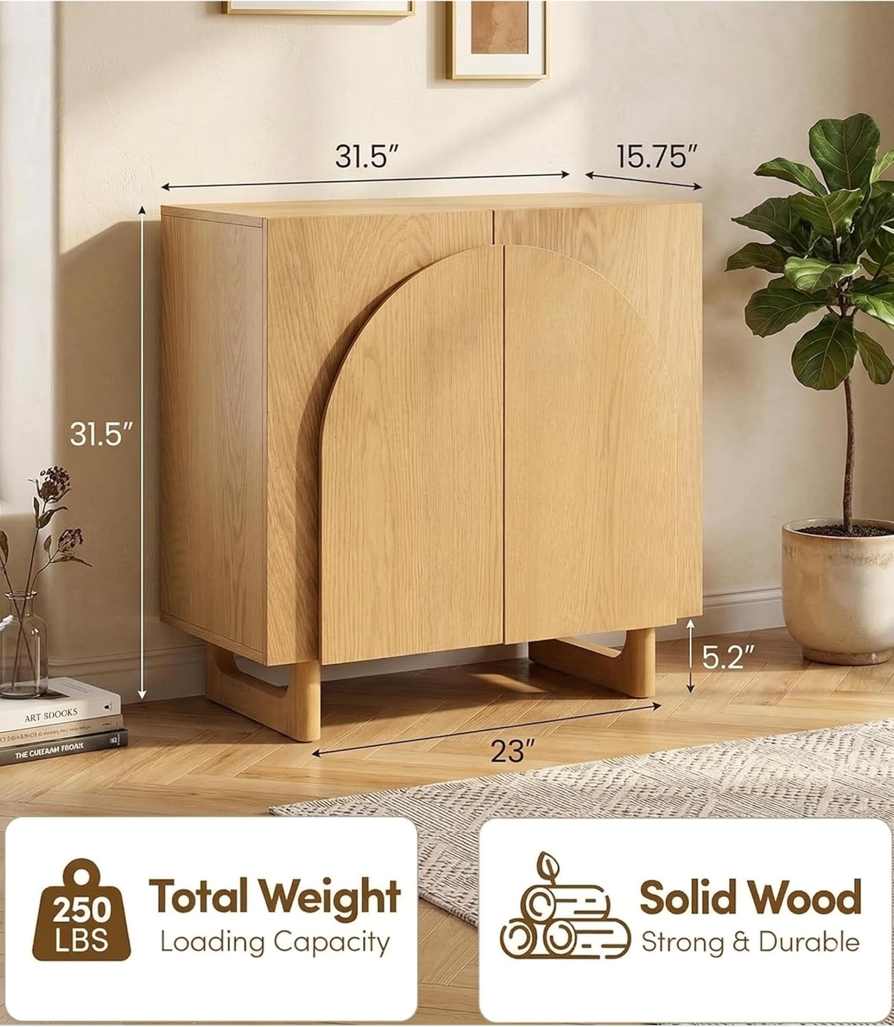Mid-Century Modern Arched Door Wooden Storage Cabinet, Set of 2 - Versatile, Buffet and Media Console with Soft-Close Hinges, Adjustable Shelves and Solid Wood Legs (Light Oak)