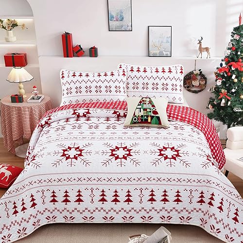 WONGS BEDDING Juego de edredón de Navidad Queen (90 x 96 pulgadas), diseño de copo de nieve y árbol de Navidad, colcha acolchada con 2 fundas de