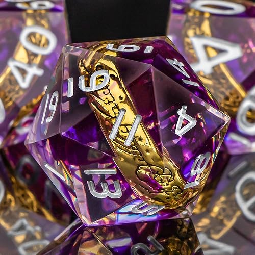 Miniatura 3 de OUKELANWO Magic Lord Rings DND Juego de dados con caja, 7 piezas LOTR D&D para juegos de rol, dados de resina poliédricos morados de borde afilado