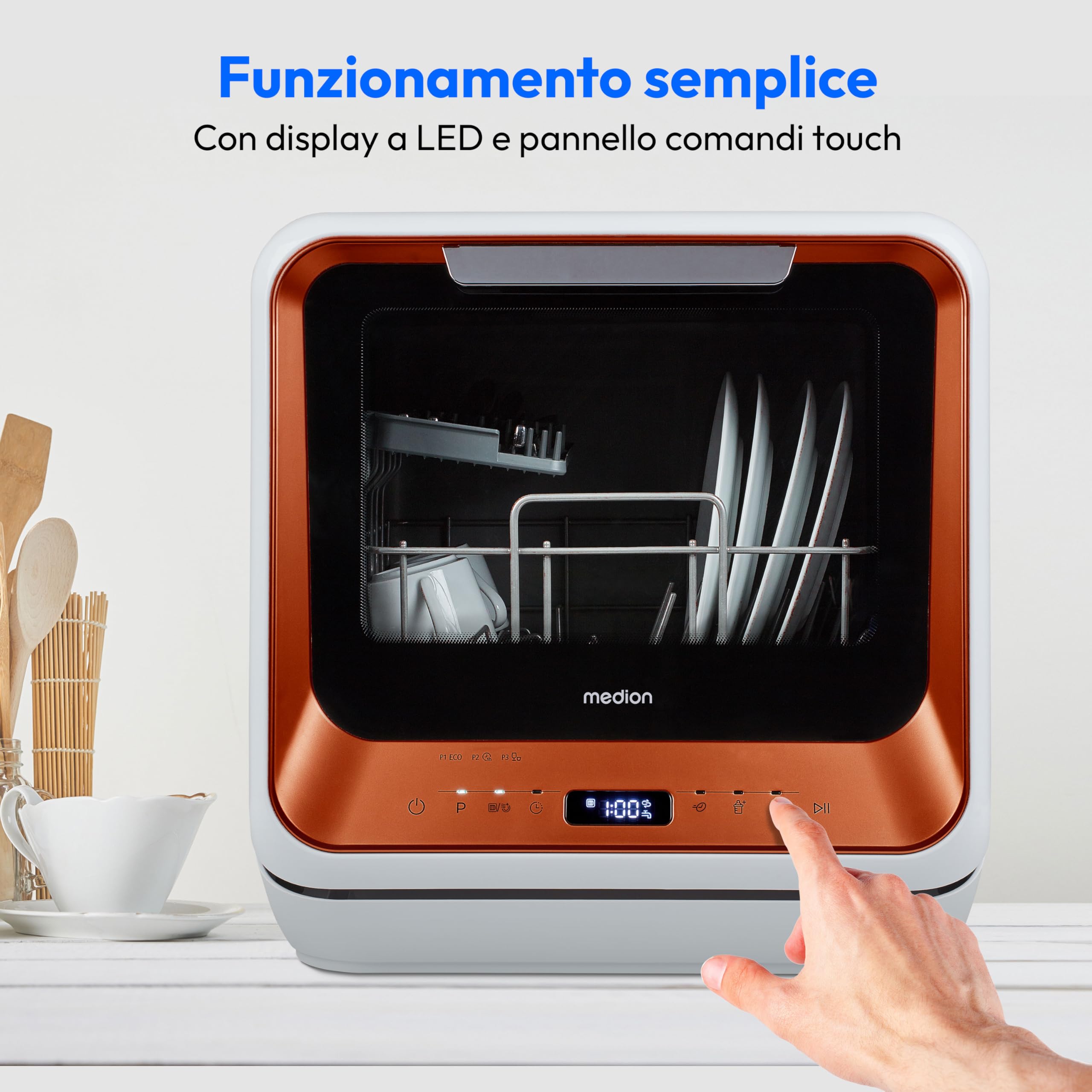 MEDION Mini Dishwasher DWT20 (lavastoviglie da tavolo, lavastoviglie, 2 coperti, funziona con/senza collegamento all'acqua, 6 programmi di pulizia, biberon, preselezione dell'ora di avvio