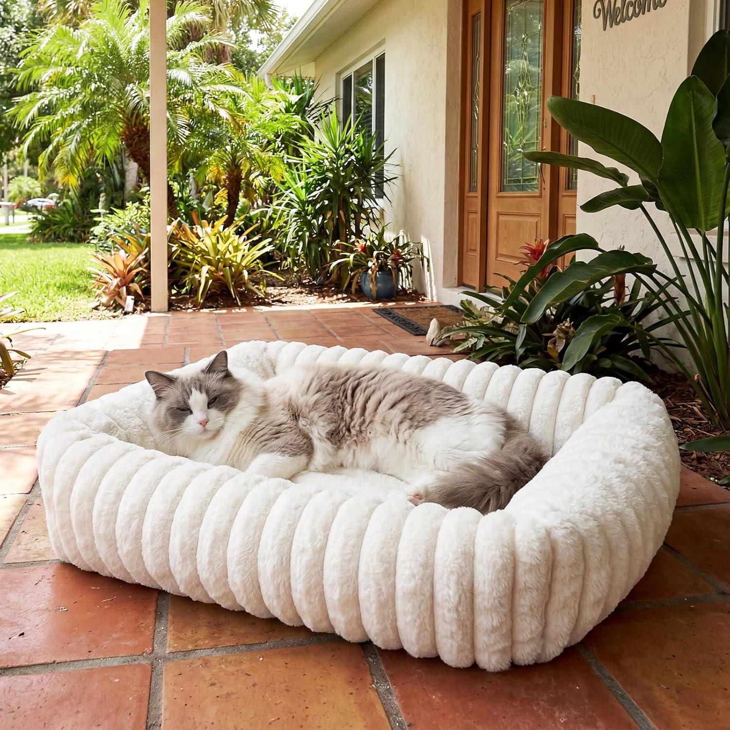 Cat Beds for Indoor Cats, Square Self Warming Cat Bed Orthopedic Pet Bed with Pillow Super Soft Rabbit Fur Small Dog Beds, Calming Plush Kitten Bed with Removable Washable Cover & Anti-Slip Bottom