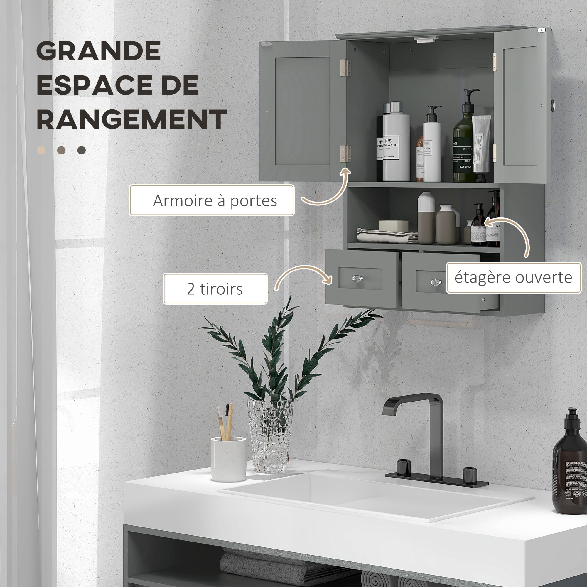 kleankin Armoire Murale de Salle de Bain, Armoire de Toilette, avec Portes Doubles, étagère Ouverte, 2 tiroirs pour Ranger, 50,8l x 17,8P x 66H cm, Gris