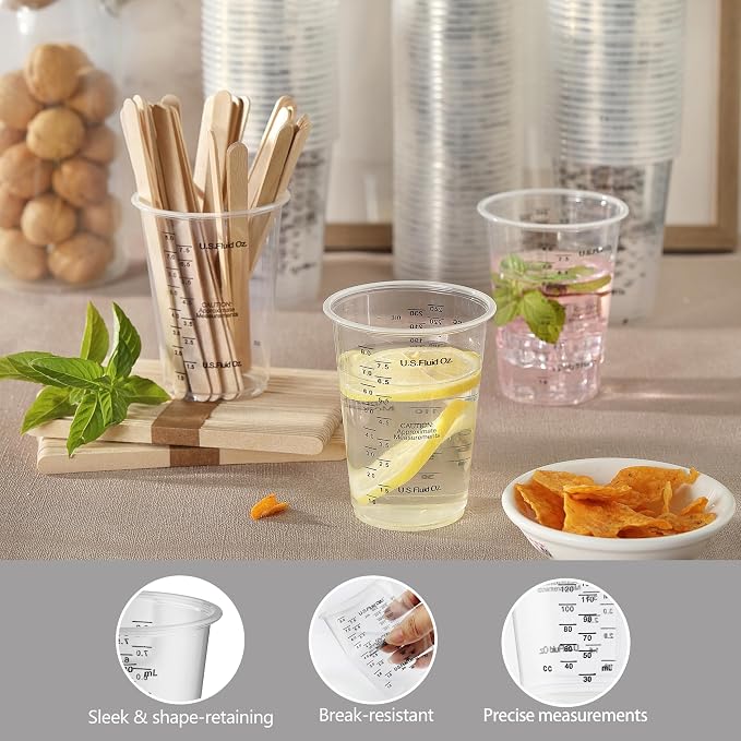 120 vasos plásticos medidores graduados 8 oz con palitos de madera miniatura 4