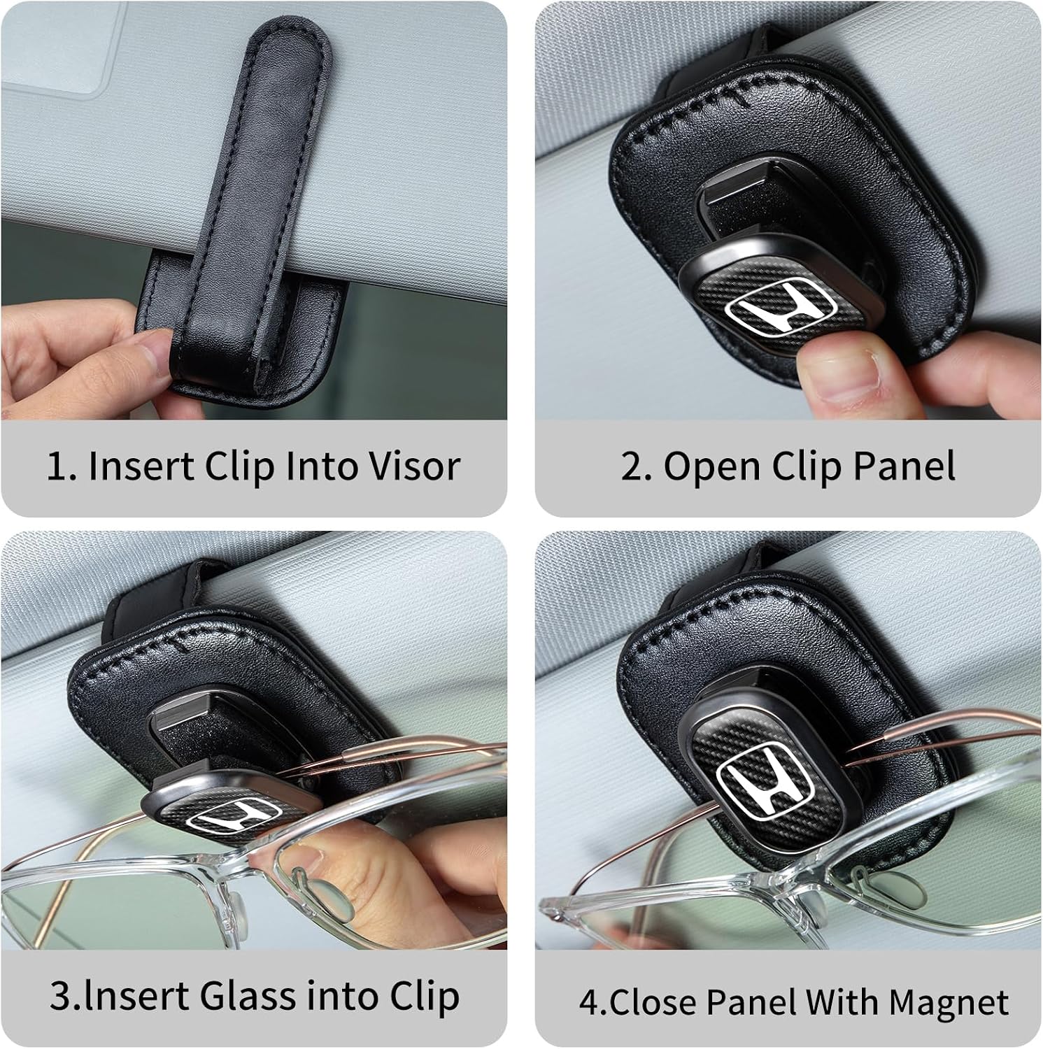 Sunglasses Holder, Leather Glasses Holders Compatible with Honda Series Car Sun Visor, Eyeglasses Hanger and Ticket Card Clip Eyeglasses Mount for Car, for Accessories, Black