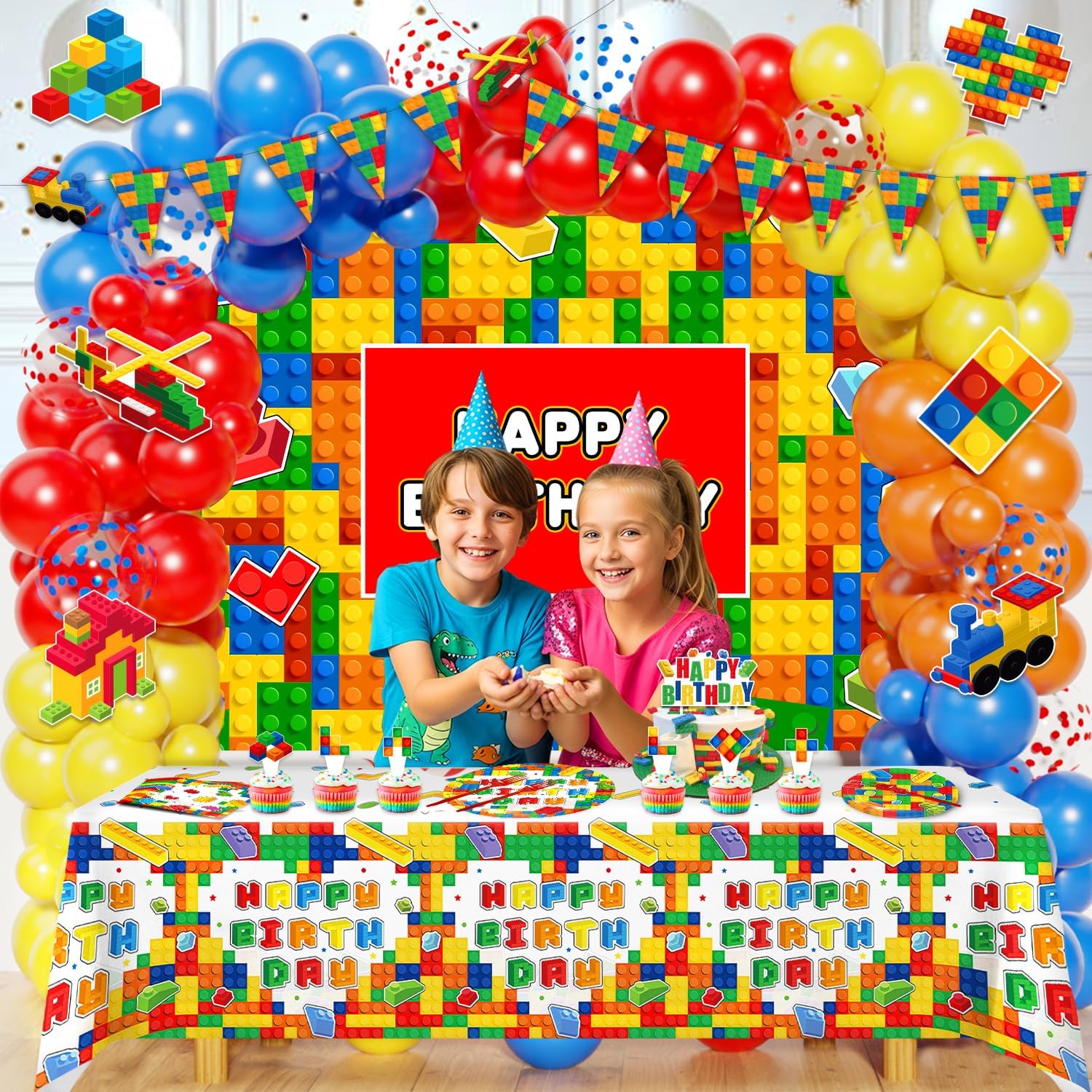 Building Block Birthday Party Decorations with Balloon Arch Kit, Banner, Backdrop, Wall Signs, Tablecloth, Plates, Napkins, Forks, Cake Topper, Cupcake Toppers