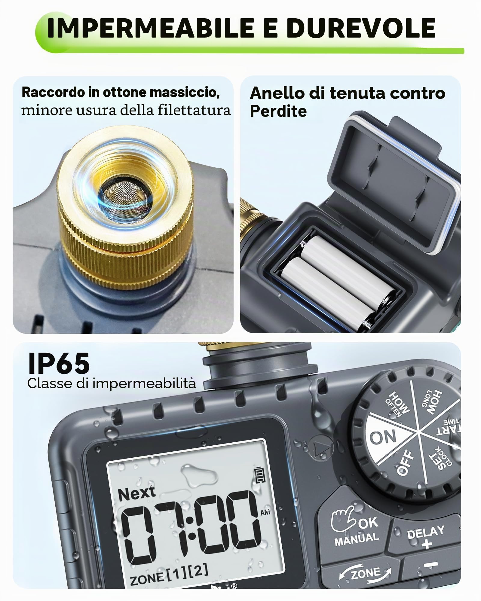 RAINPOINT Centralina Irrigazione 2 Vie, Ingresso e Uscita in Ottone, Timer Irrigazione Automatica Impermeabile IP65 con Ritardo per Pioggia/Bewässerung Manuale, per Prato e Giardino
