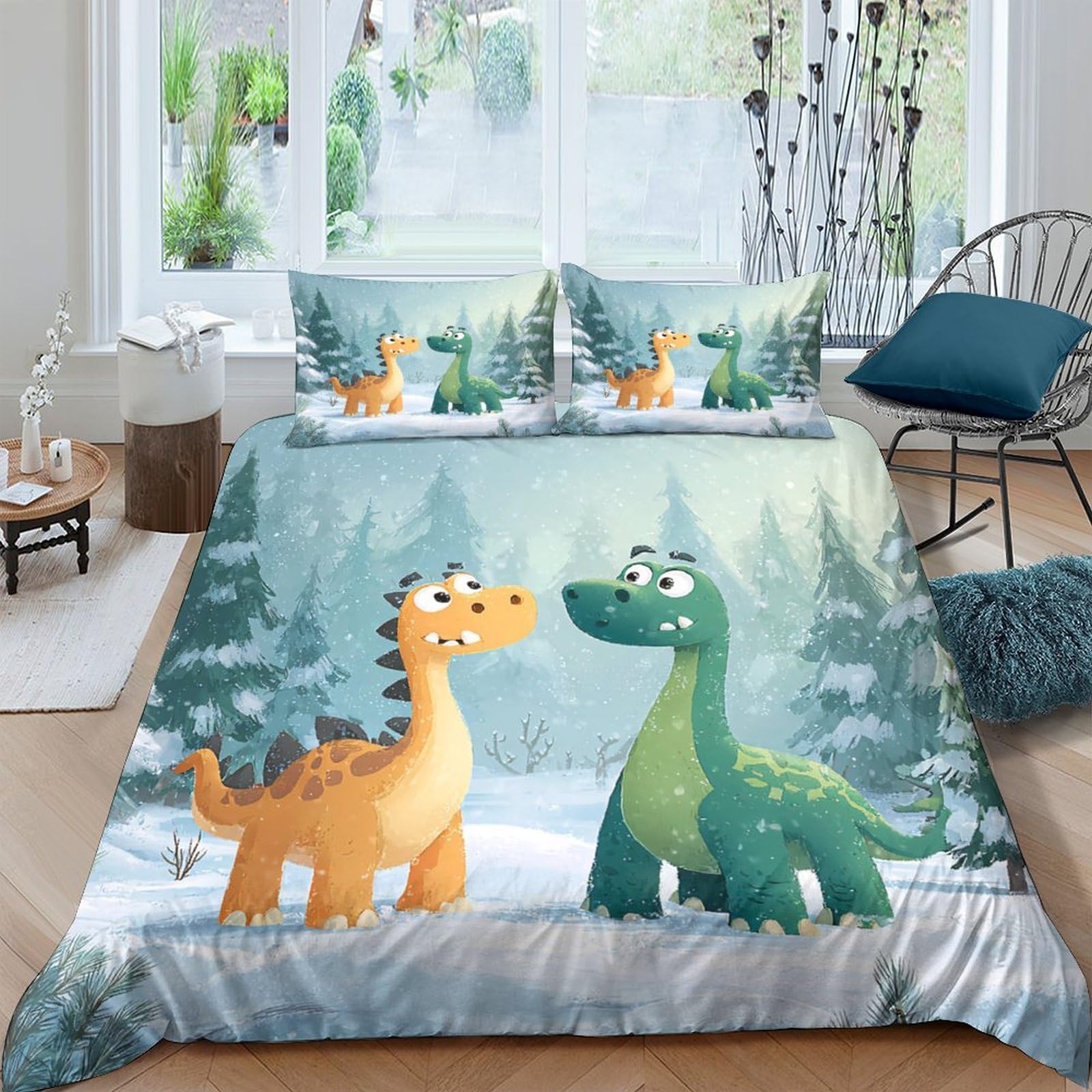 GPLZQXKJNH 3D Printed Cartoon Dinosaur Duvet Cover Set Microfiber Soft Breathable Forest Animal Bedding Set with 2 Pillowcases for Bedroom Decor Single（135x200cm）