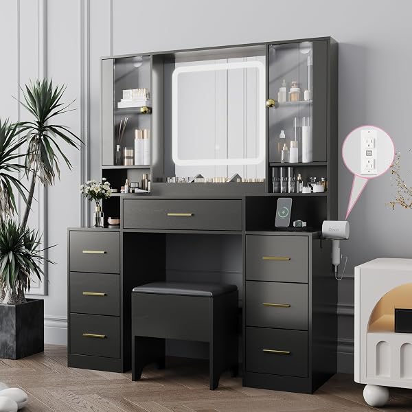 BORNOON Makeup Vanity with LED Light Strip Mirror and Chair, 7 Drawers & 2 RGB Cabinets Black Vanity Makeup Desk with Po