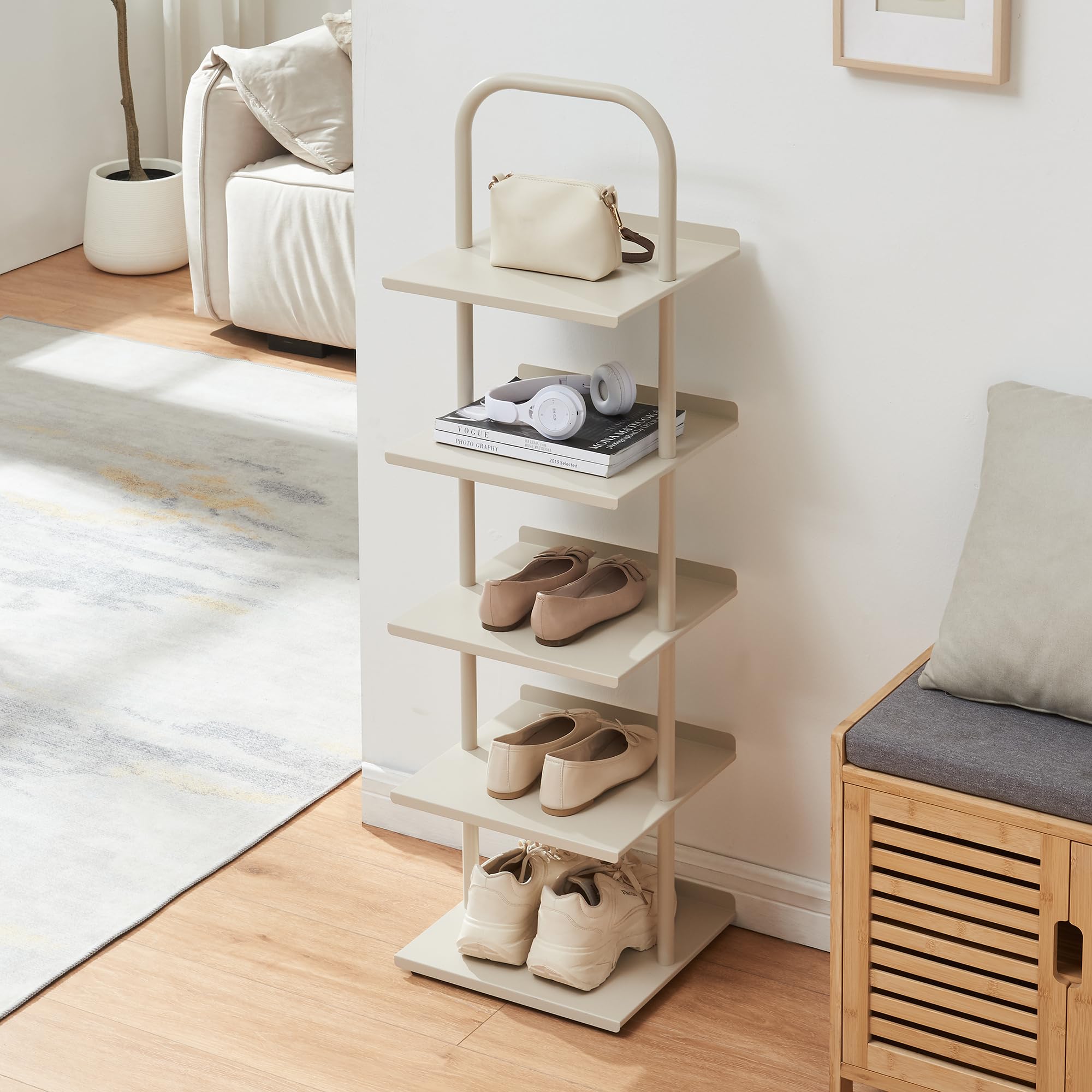 [en.casa] Schuhregal schmal Poytya mit 5 Ebenen Metall 119 x 34 x 32 cm Schuhständer für 5 Paare Schuhregal Standregal Flur Wohnzimmer Champagne