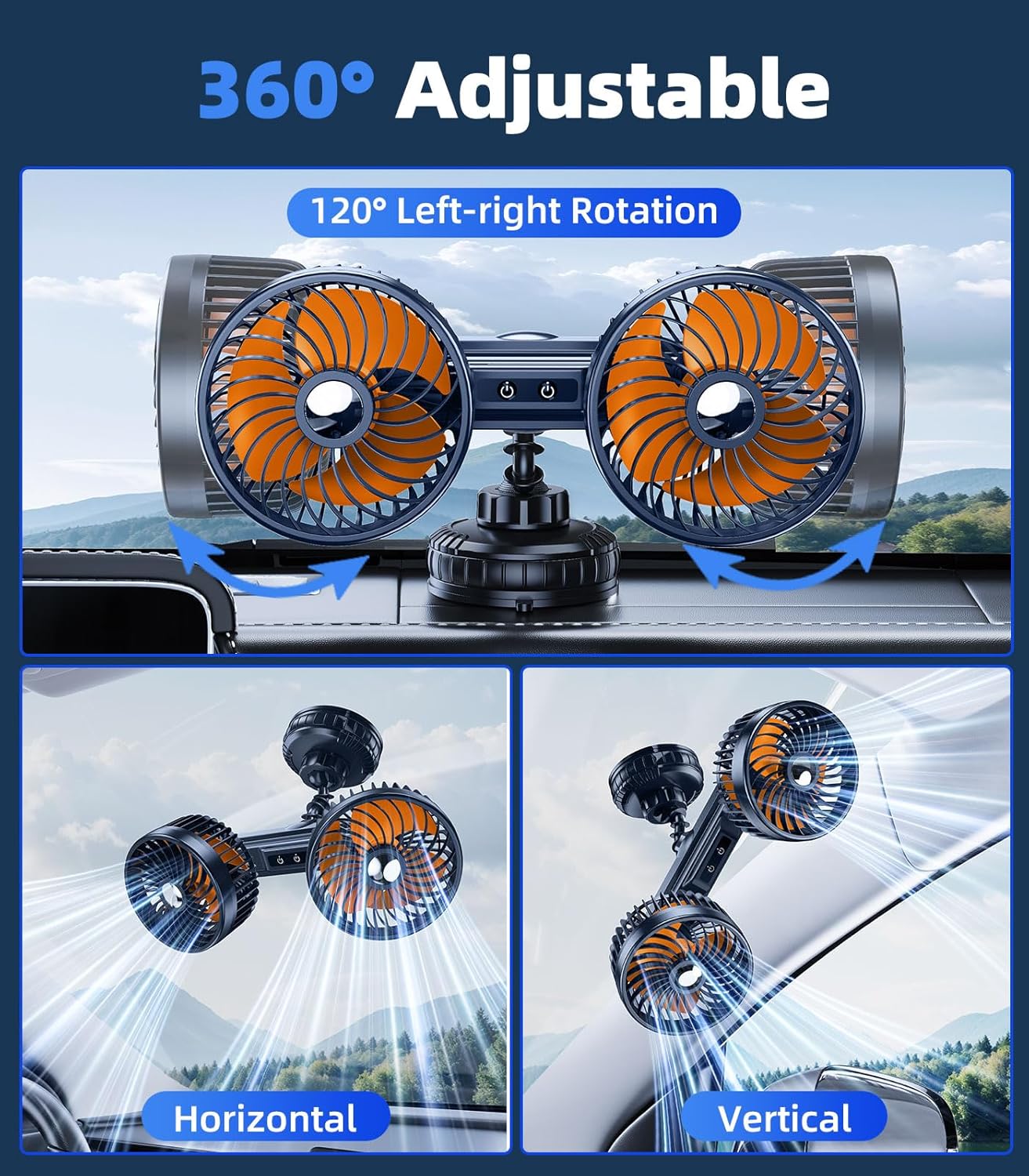 Dual Head Suction Cup Car Cooling Fan for Window Dashboard, 4000Mah Battery Powered Rechargeable USB Car Fans That Blow Cold Air, Cooler for Semi Truck Rv Van Tractor Cab Vehicles without Ac
