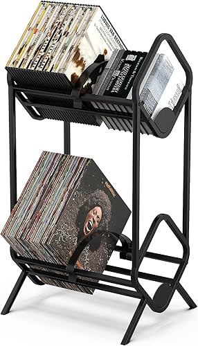 MoKo Almacenamiento de discos de vinilo, soporte para discos de vinilo de 2 niveles, estante de almacenamiento de discos de vinilo con divisores