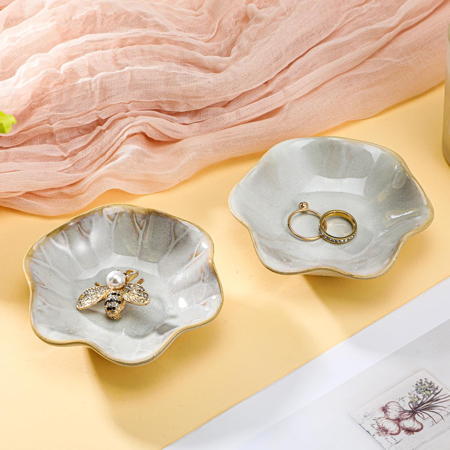 8 Pcs Lotus Leaf Ceramic Ring Dish Jewelry Dish Holder Small Trinket Tray Plate for Earrings Necklaces Bracelet Key