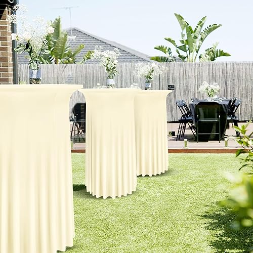 Miniatura 6 de Paquete de 4 manteles redondos para mesa de cóctel, de 32 x 43 pulgadas, de elastano, con cortinas onduladas, color beige, para mesa de boda, bar,