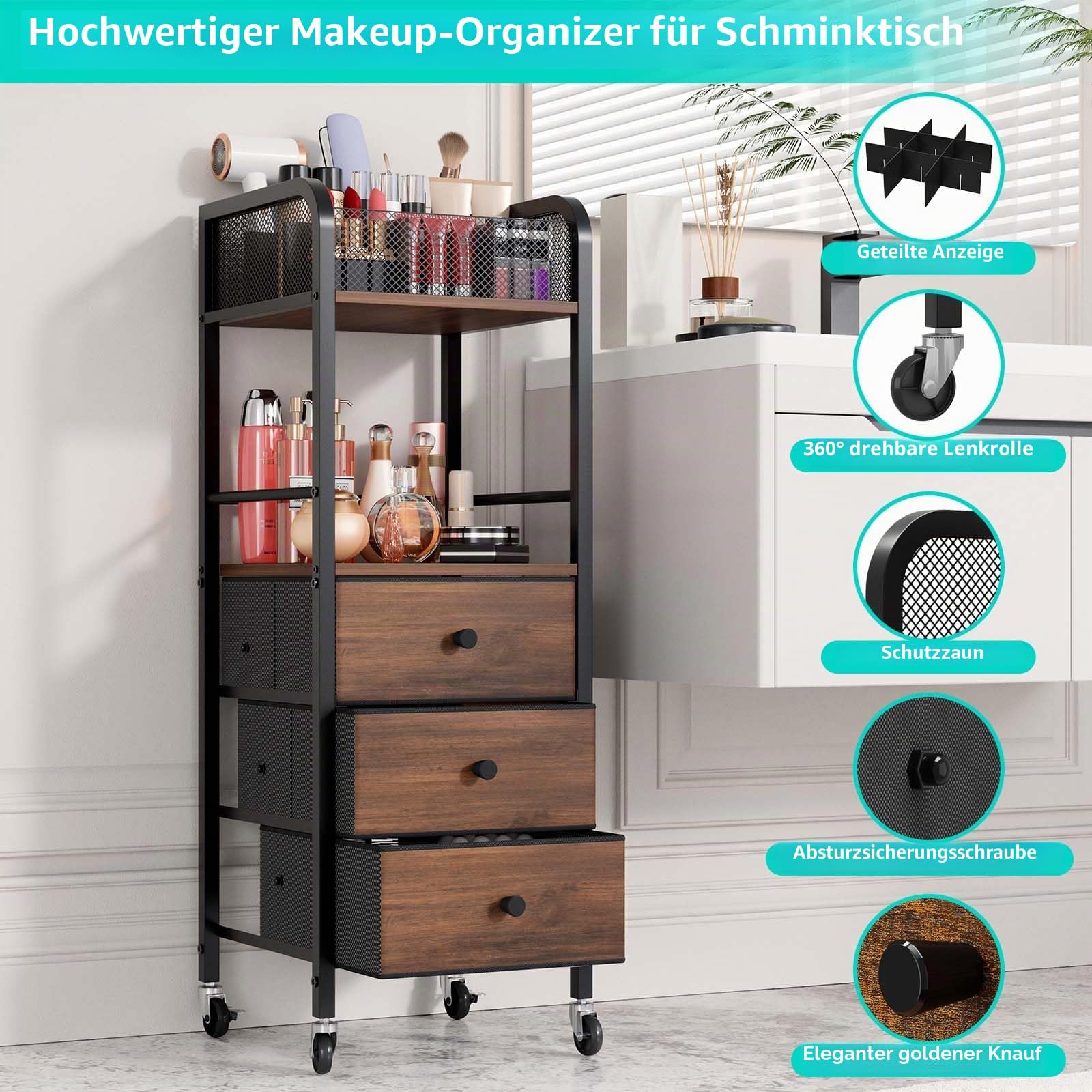 Kosmetik Rollwagen mit 3 Schubladen - Hautpflege Organizer für Kosmetikstudio, Parfüm, Nagellackbürste
