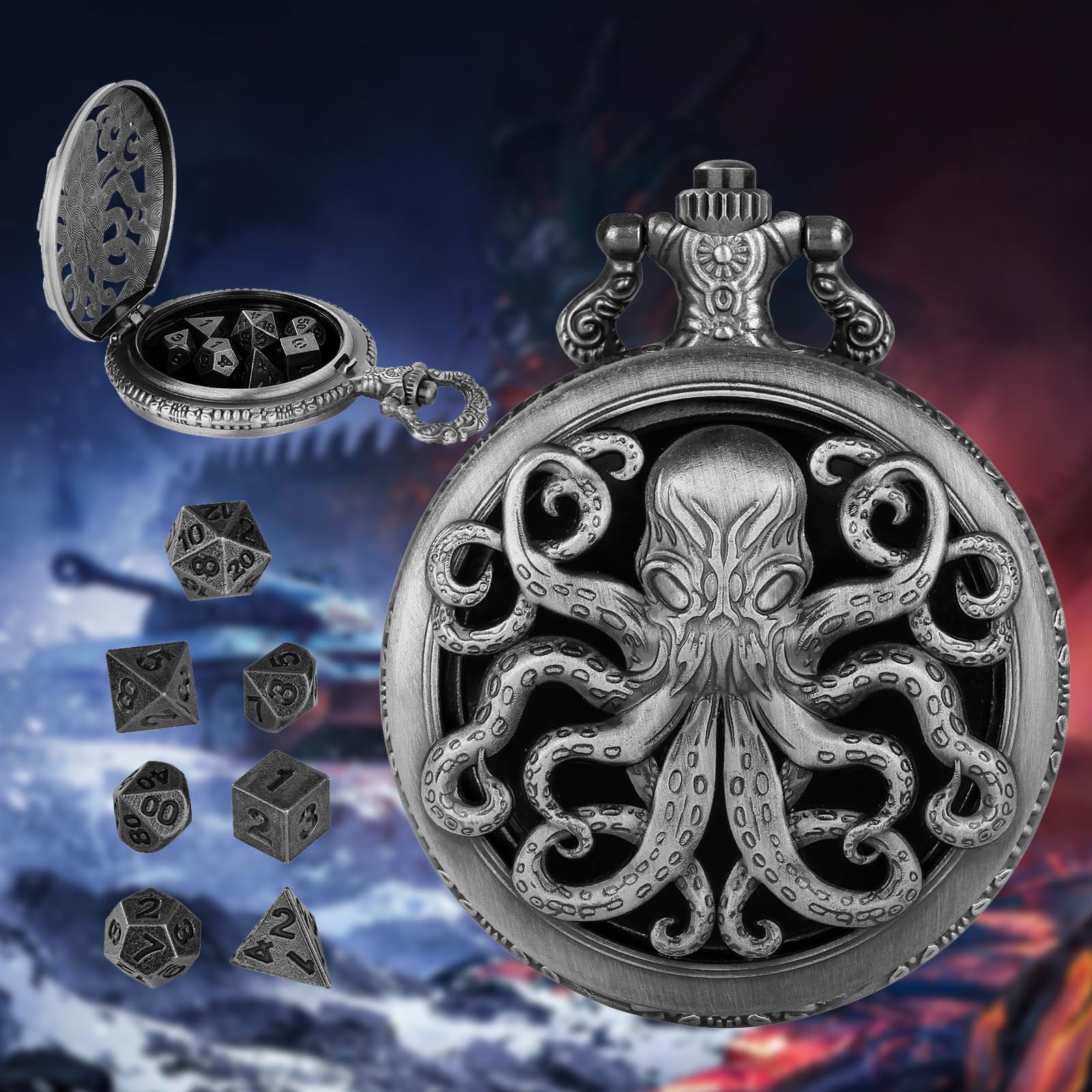 Mini gra w kości DND, DND gra w kości z wydrążonym Steampunk Ośmiornica Kieszonkowy zegarek