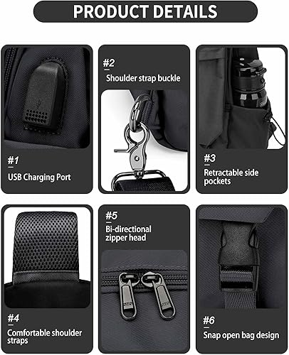 Miniatura 9 de Black Sling Bag for Men Women, Mini Anti Theft One Strap Motorcycle Sling Backpack, Small Sling Chest Bag Daypack Crossbody Backpack for Casual