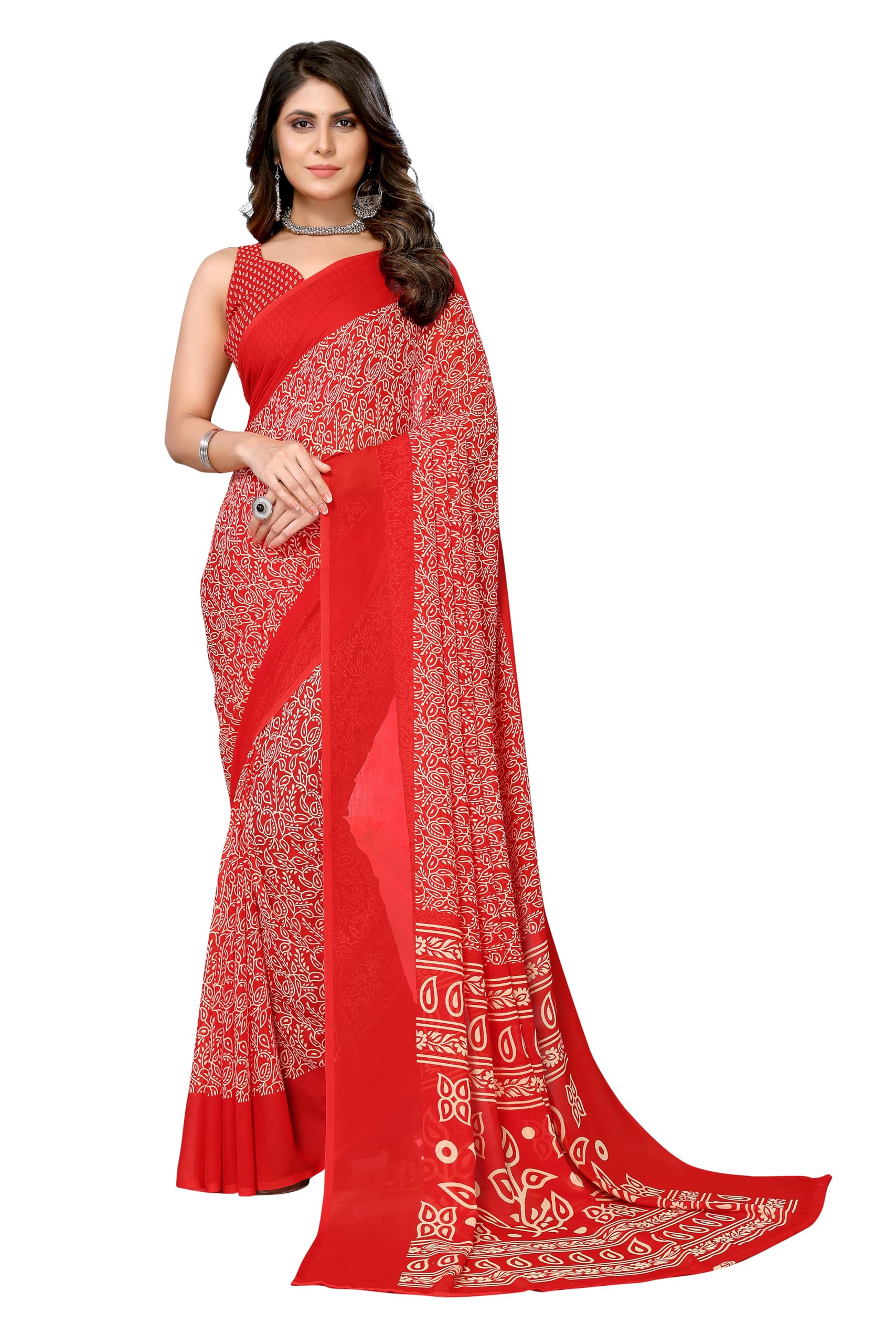 Yashika Women's Fashion Red Georgette Saree with Blouse