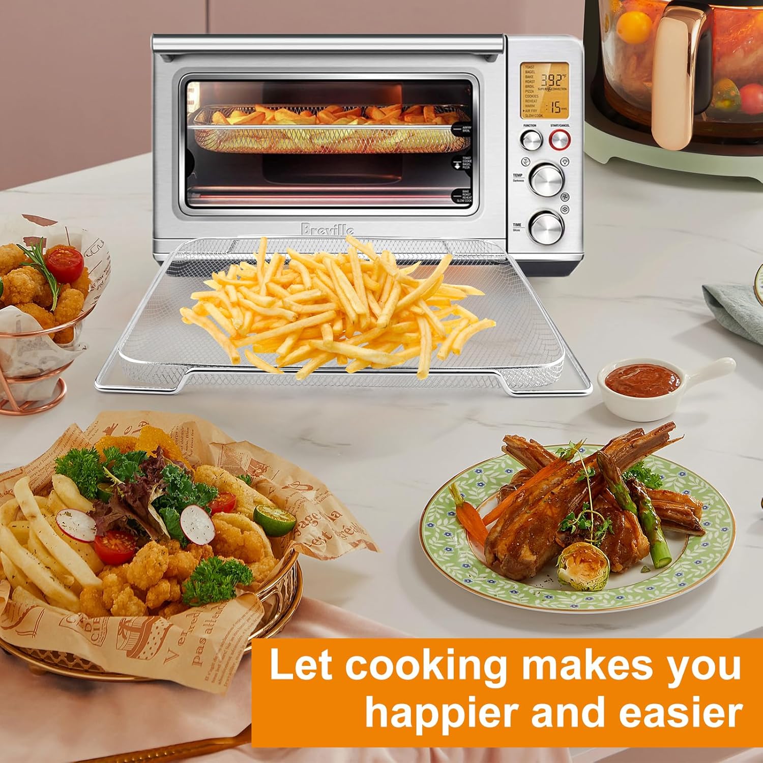 3 Pcs Air Fryer Basket for Breville Smart Oven Air Fryer Pro,16.5"D x 11.8"W x 0.5"H Stainless Steel Mesh Baskets Air Fryer Accessories,Mesh Tray for Oven, Microwave Ovenro